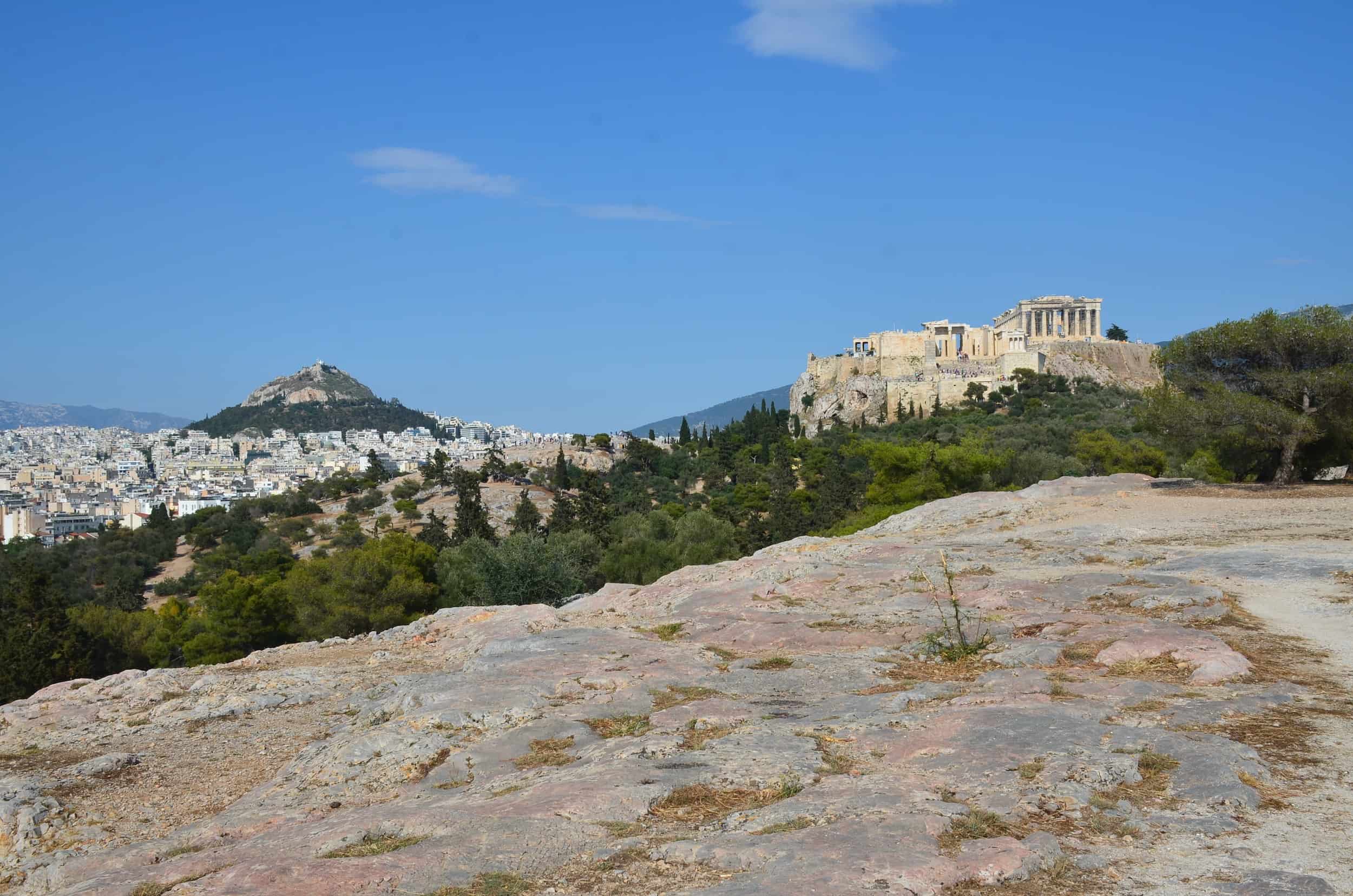 View of Lycabettus Hill (left) and the Acropolis (right) from the Pnyx in Athens, Greece