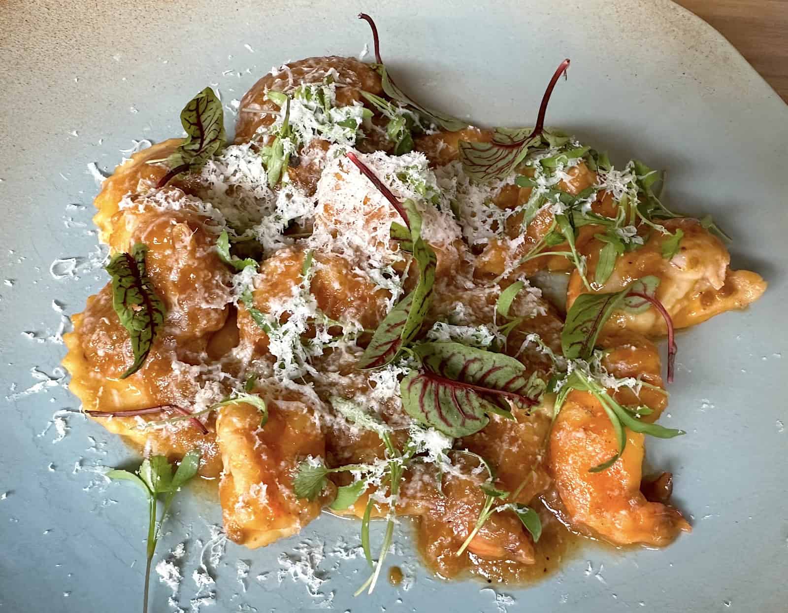 Shrimp ravioli at Céntrico at Cerritos del Mar in Pereira, Risaralda, Colombia