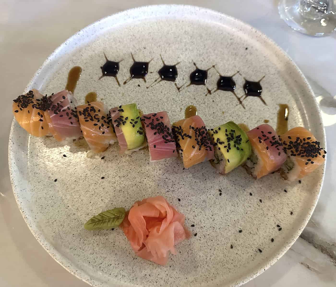 Rainbow roll at Aura Food Hall & Market in Pereira, Risaralda, Colombia