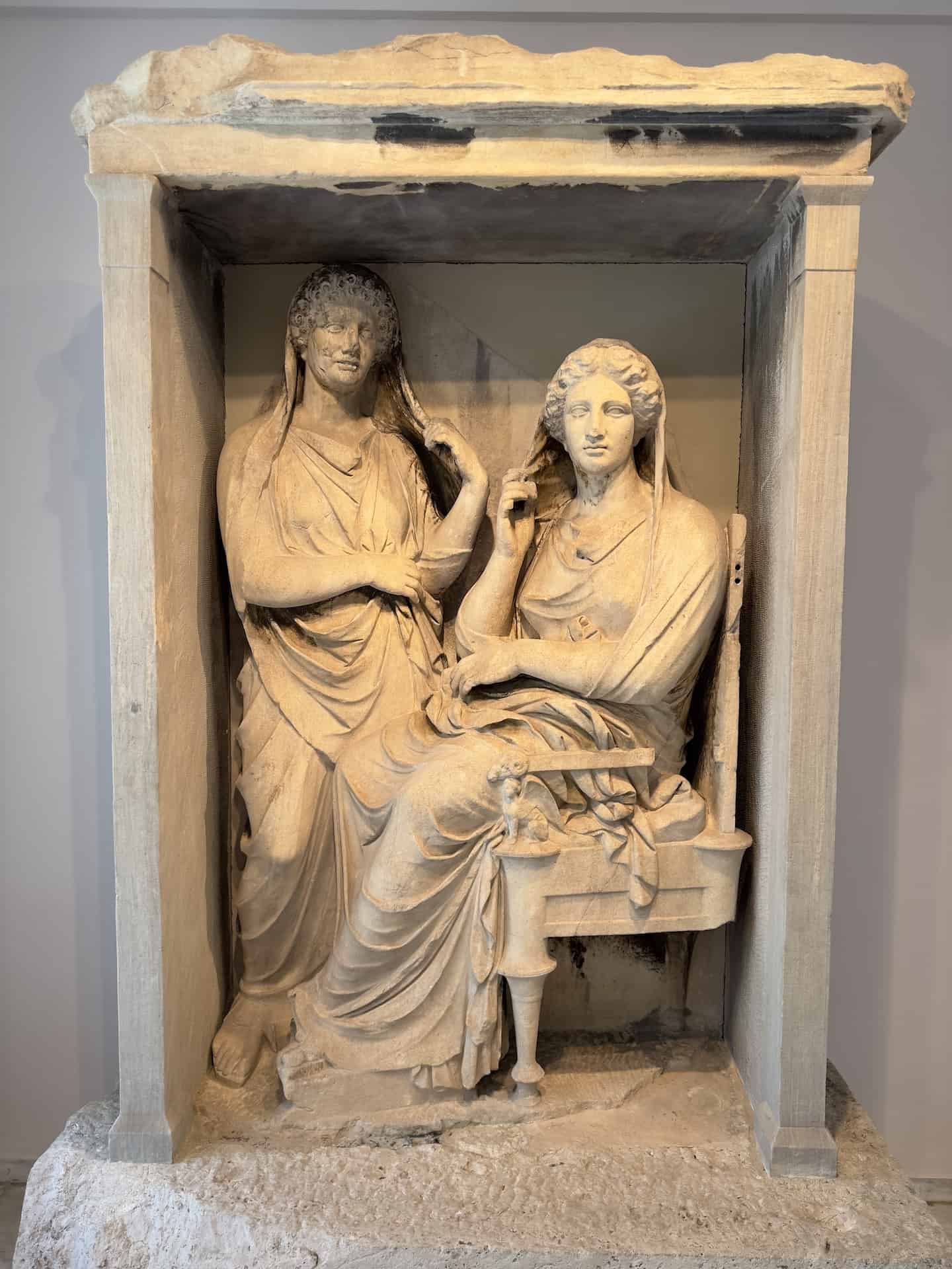 Grave relief of Demetria and Pamphile; c. 325-310 BC at the Kerameikos Museum in Athens, Greece