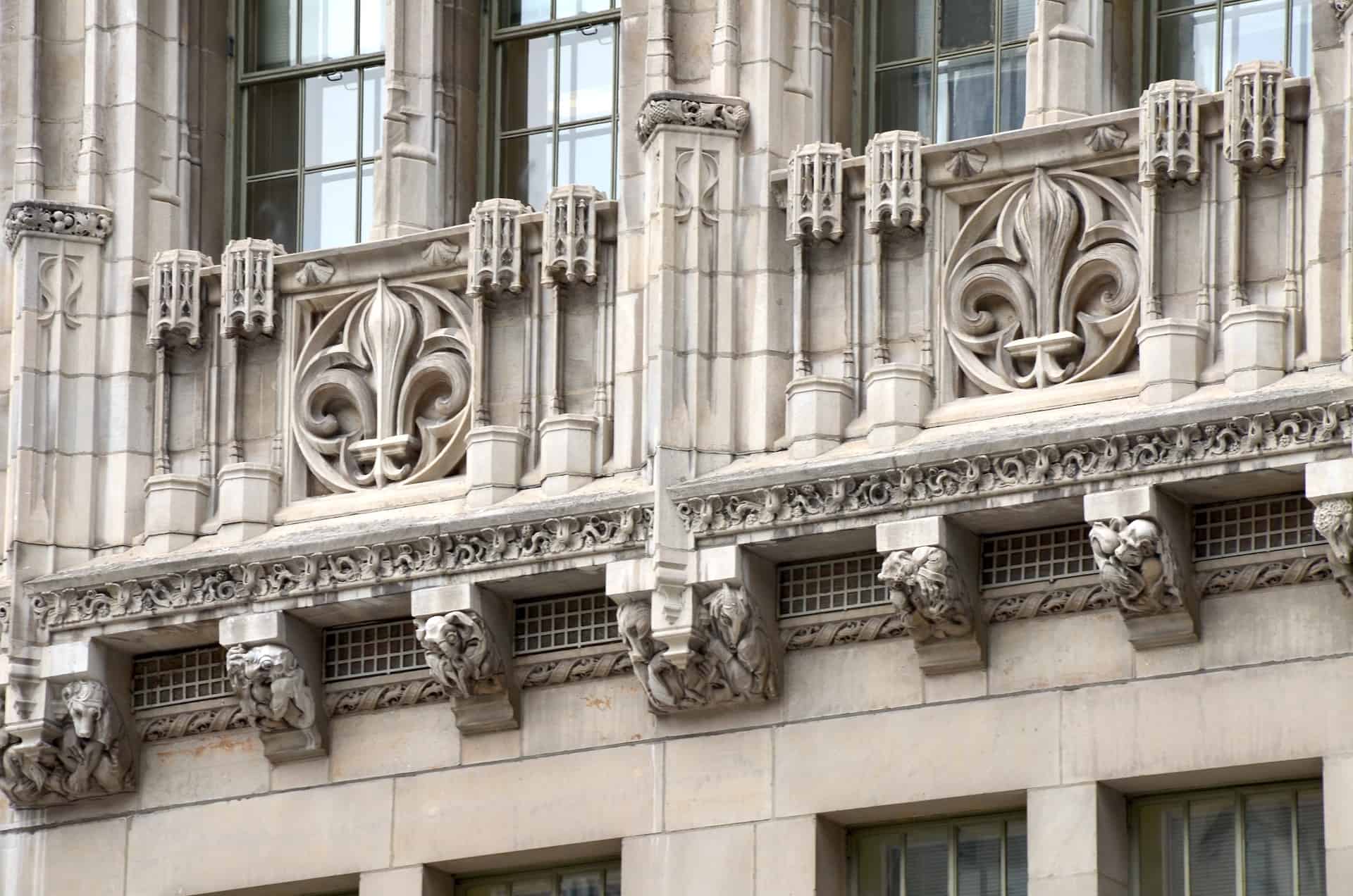 Ornamental stonework on the Tribune Tower along the Magnificent Mile in Chicago, Illinois