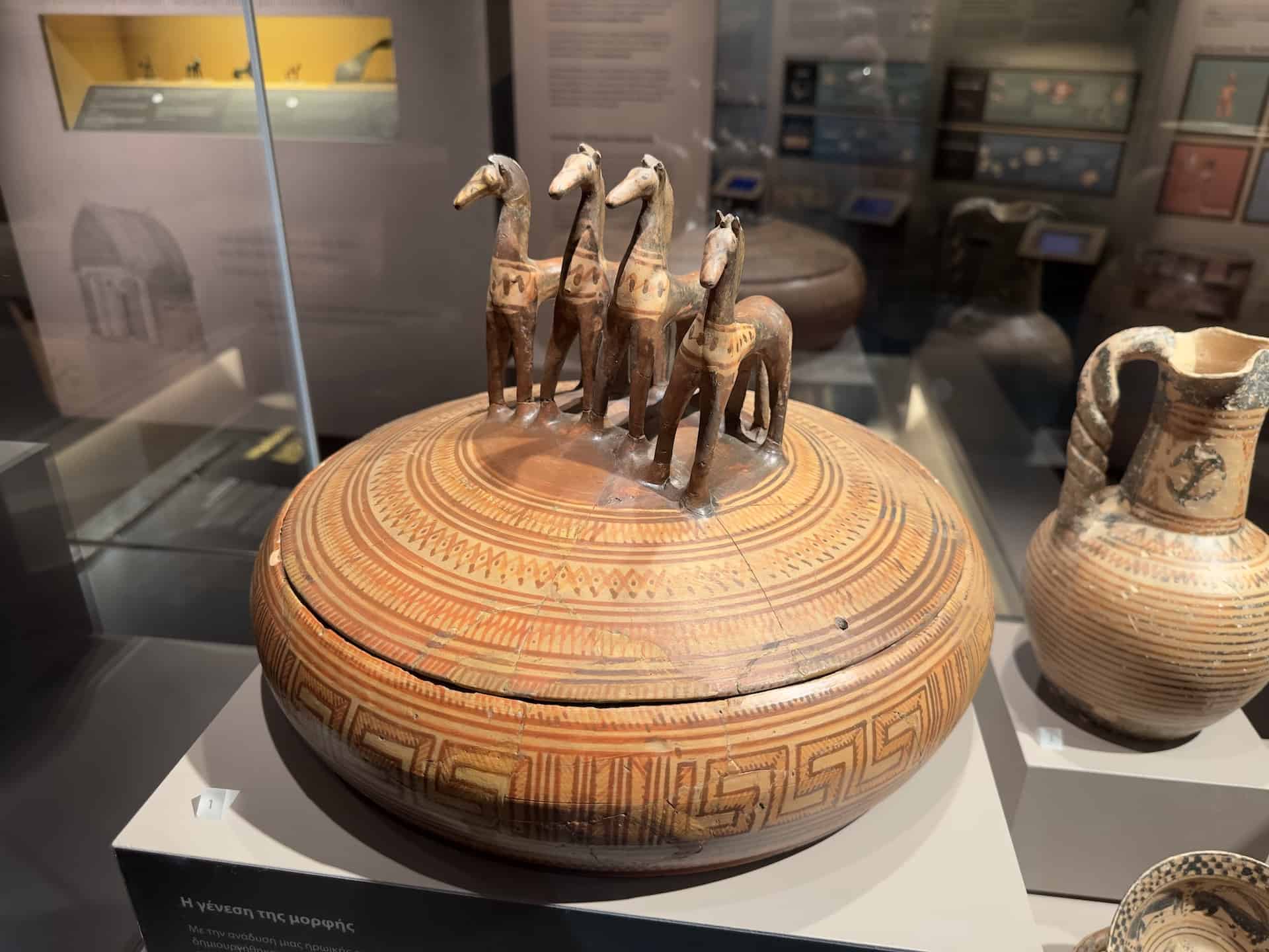 Large Attic pyxis with lid crowned by four horse figurines; 760-750 BC in Ancient Greek Art at the Museum of Cycladic Art in Athens, Greece