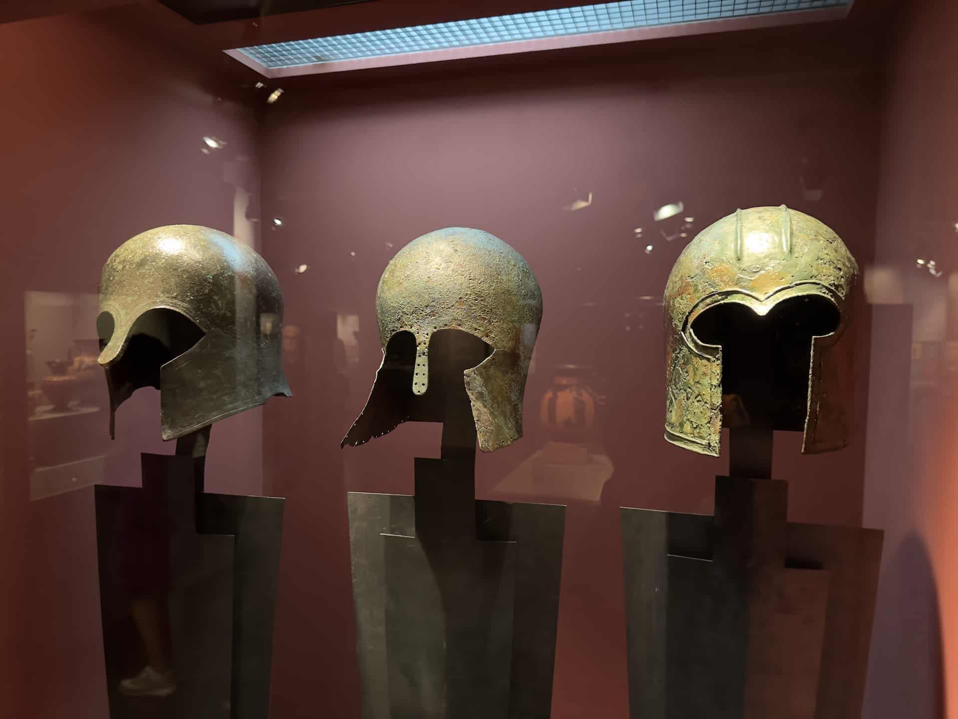 Corinthian helmets; early 7th to early 6th century BC in Ancient Greek Art at the Museum of Cycladic Art in Athens, Greece