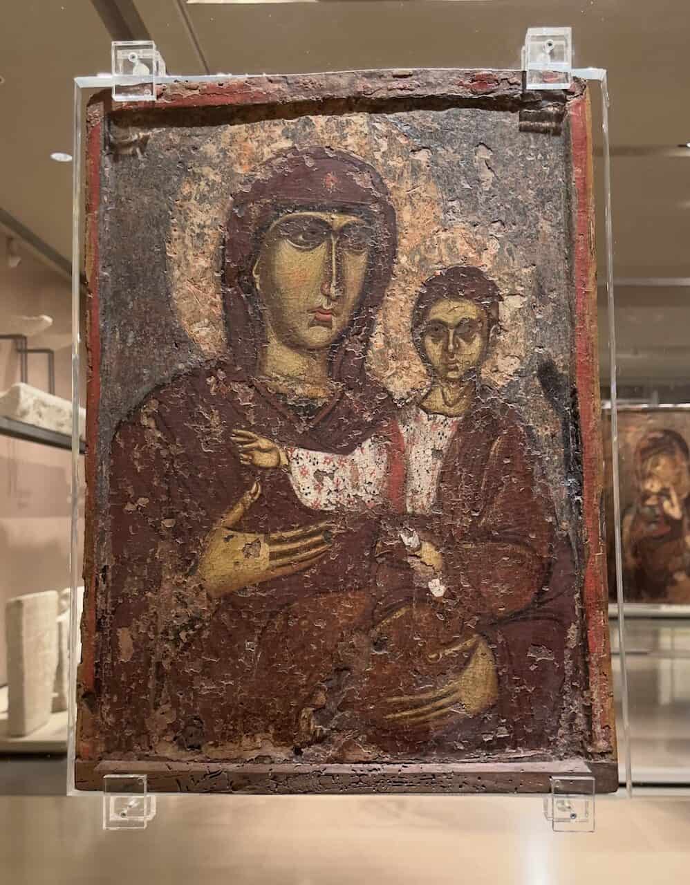 Front of a double-sided icon with the Virgin Hodegetria (front) and two military saints (back), from Veroia, 13th century at the Byzantine Museum in Athens, Greece