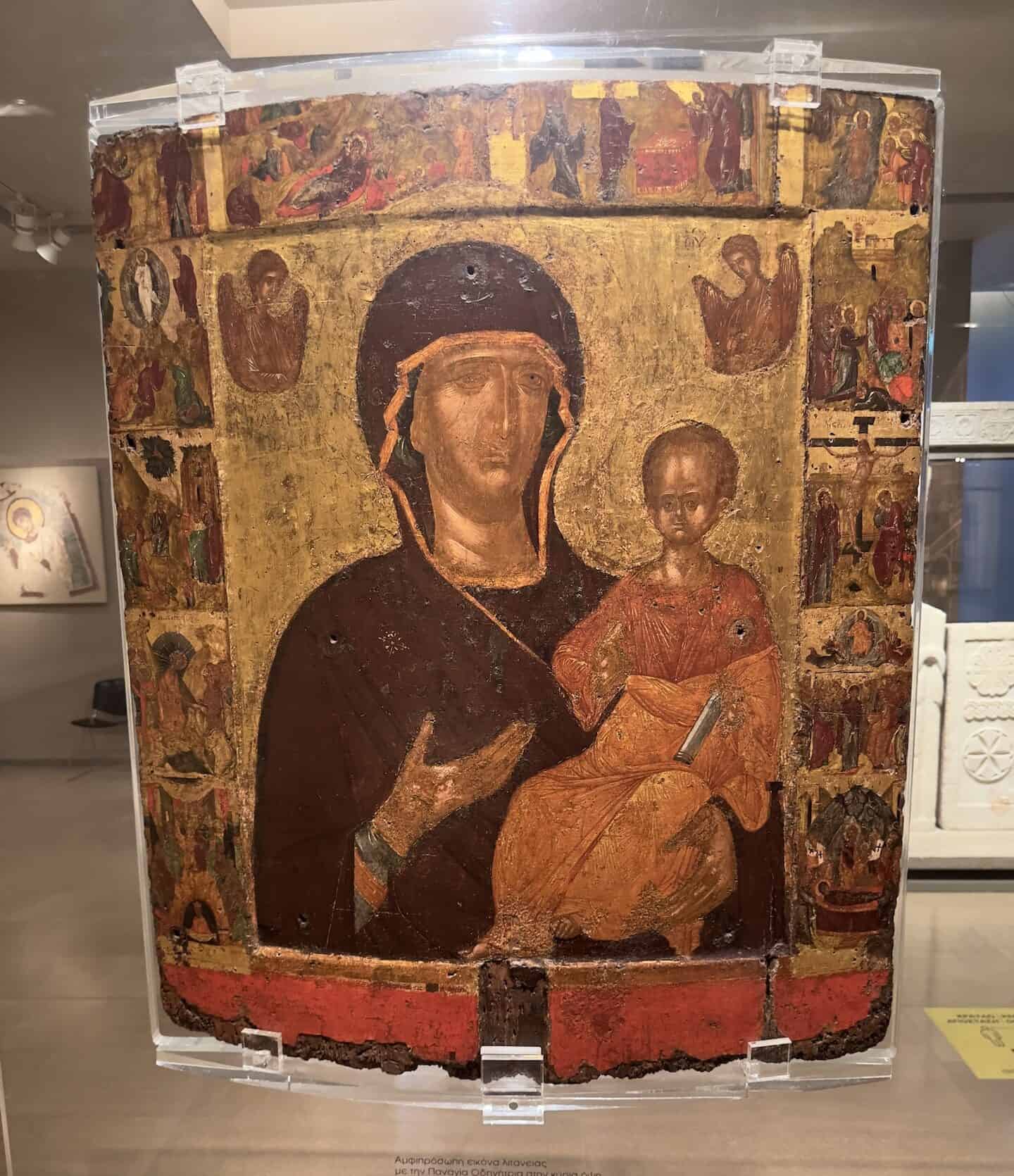 Front of a double-sided processional icon with the Virgin Hodegetria (front) and the Preparation of the Throne (back), product of a Constantinople workshop, 14th century at the Byzantine Museum in Athens, Greece