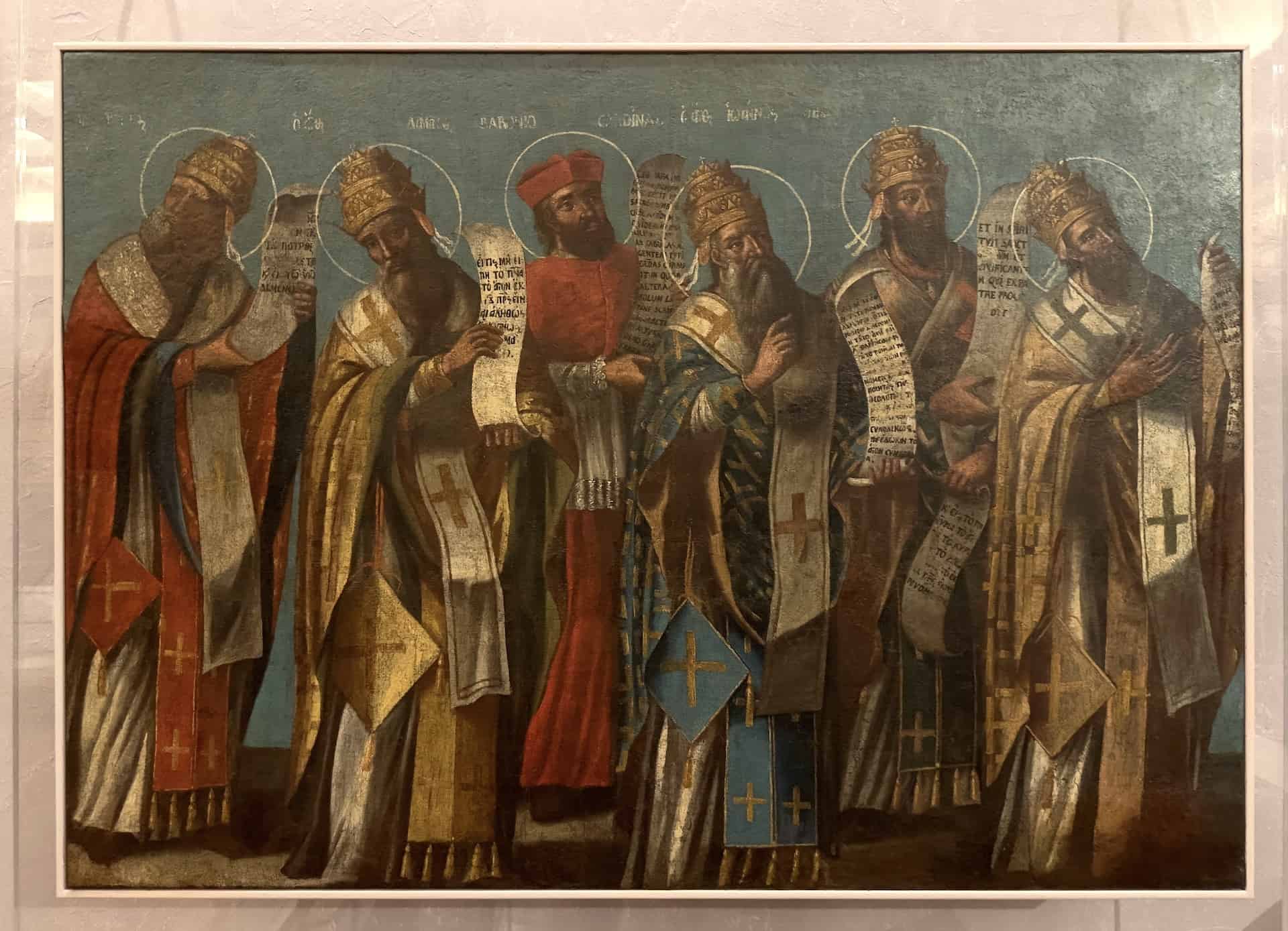 Painting with a depiction of the Church Fathers condemning filioque, from the lonian Islands, late 18th century at the Byzantine Museum in Athens, Greece