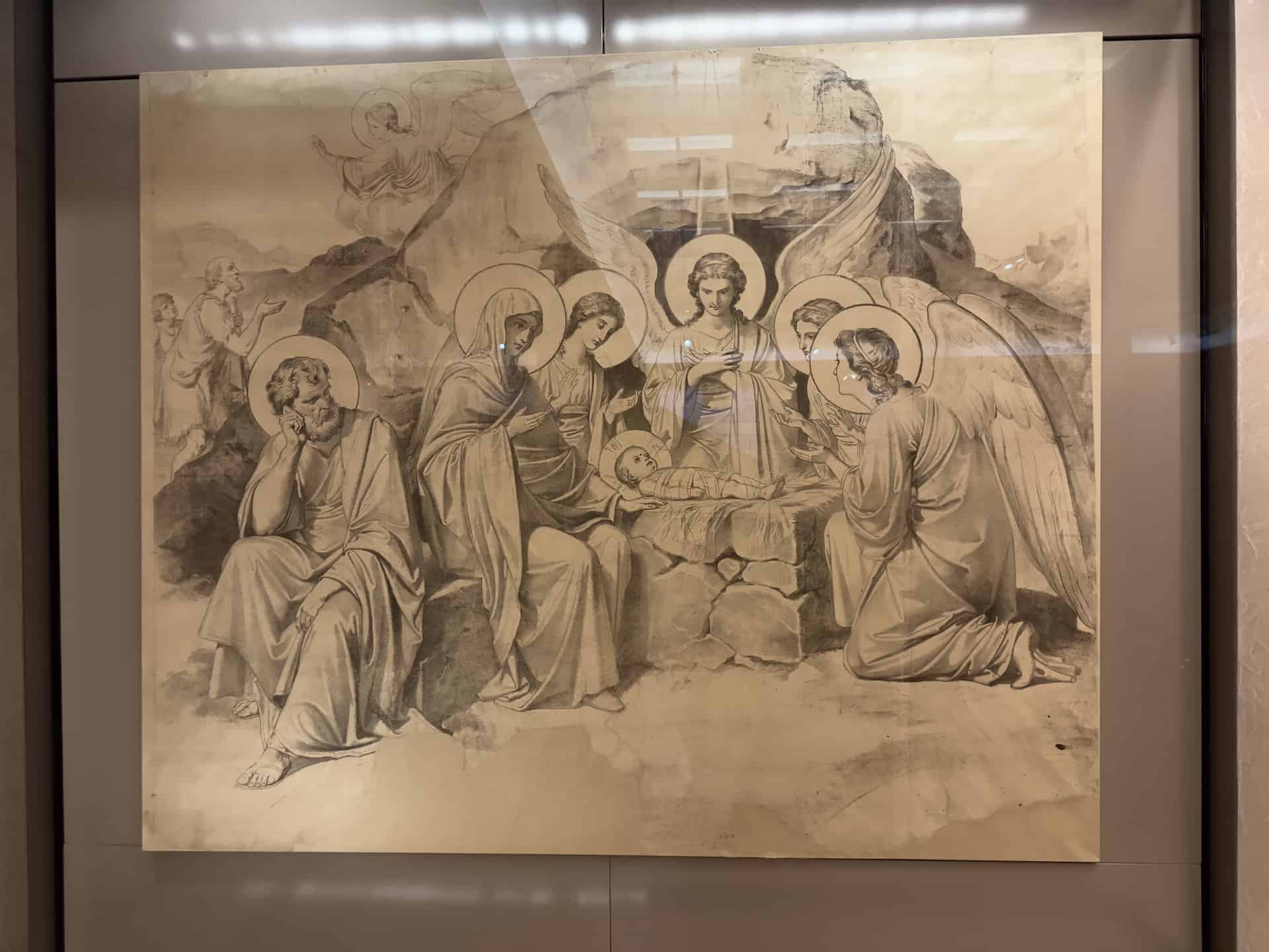 Sketch in charcoal with the depiction of the Nativity, painted by Ludwig Thiersch, 19th century at the Byzantine Museum in Athens, Greece