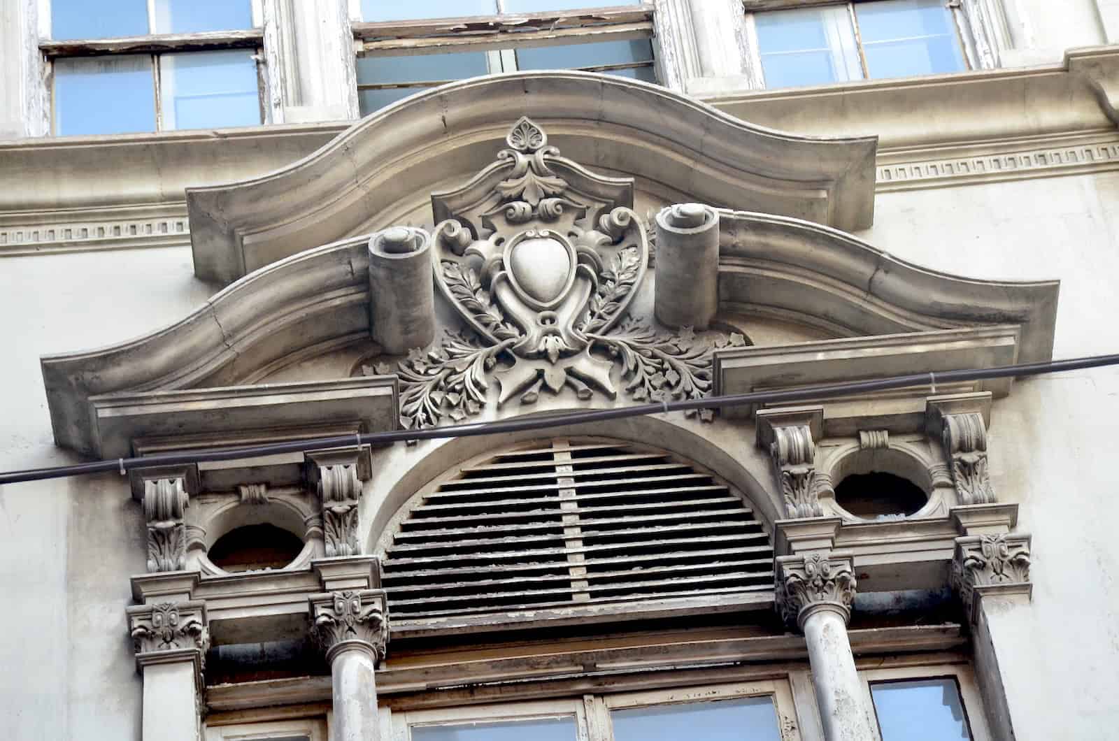 Ornamental stonework above a window on Hezaran Han on Bankalar Caddesi in Istanbul, Turkey