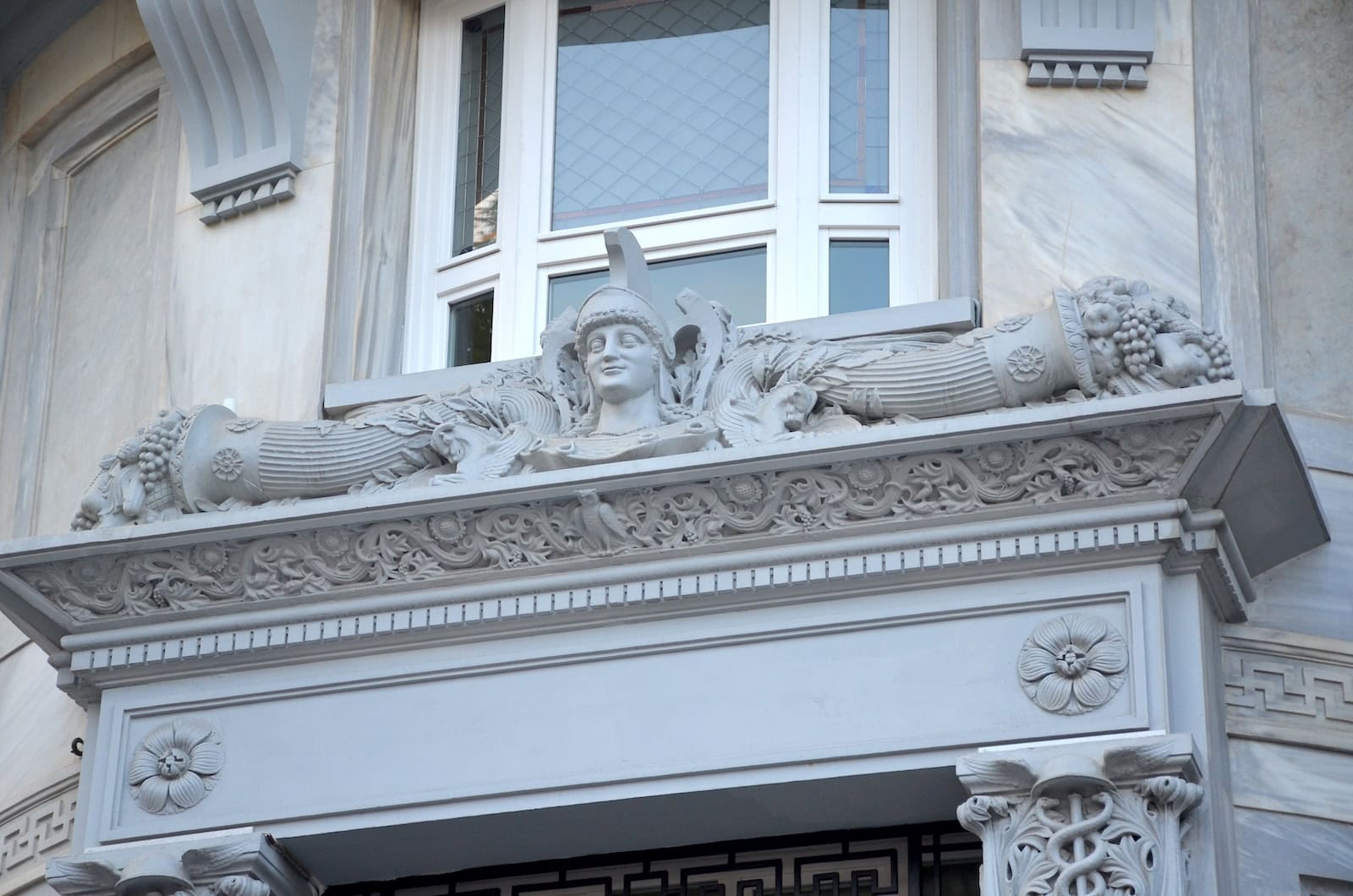 Ornamental stonework on Minerva Han on Bankalar Caddesi in Istanbul, Turkey