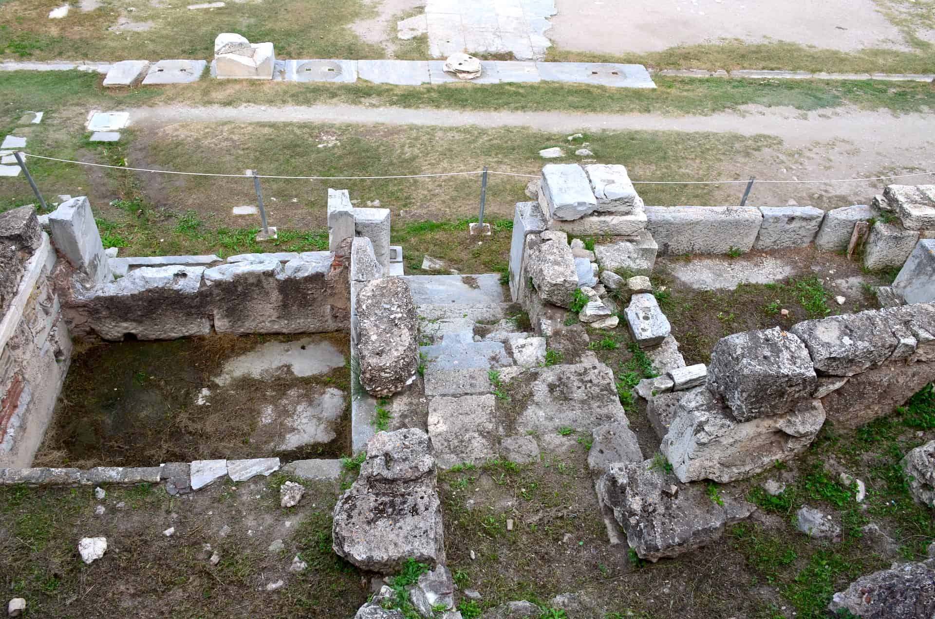 Fountain and fountain-house from above at the Roman Agora in Athens, Greece