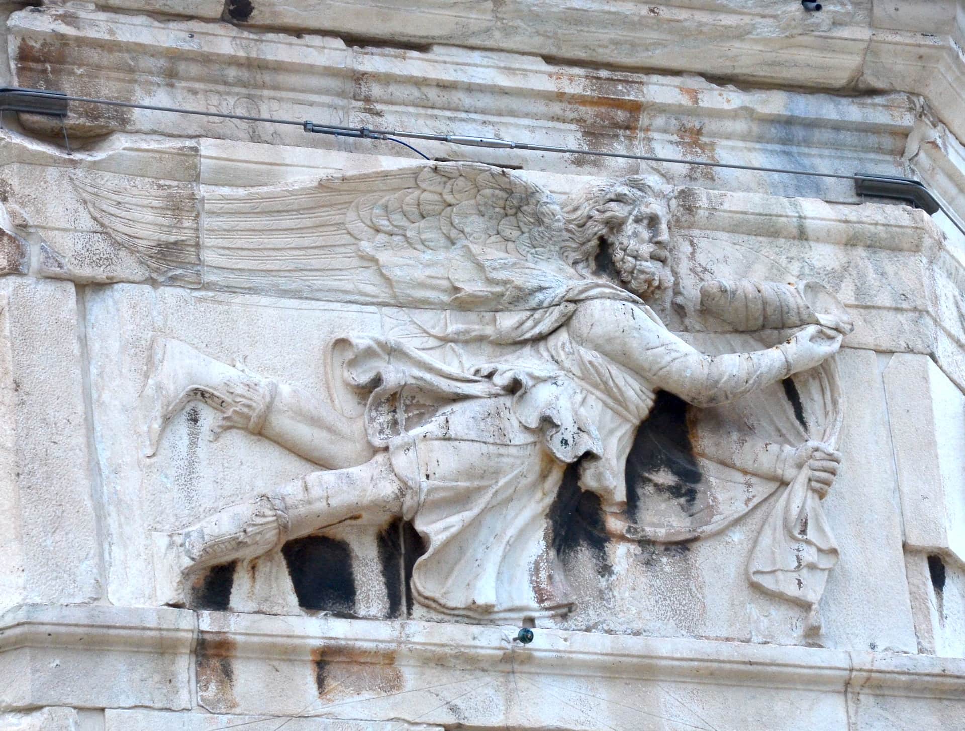 Boreas (North) on the Tower of the Winds at the Roman Agora in Athens, Greece