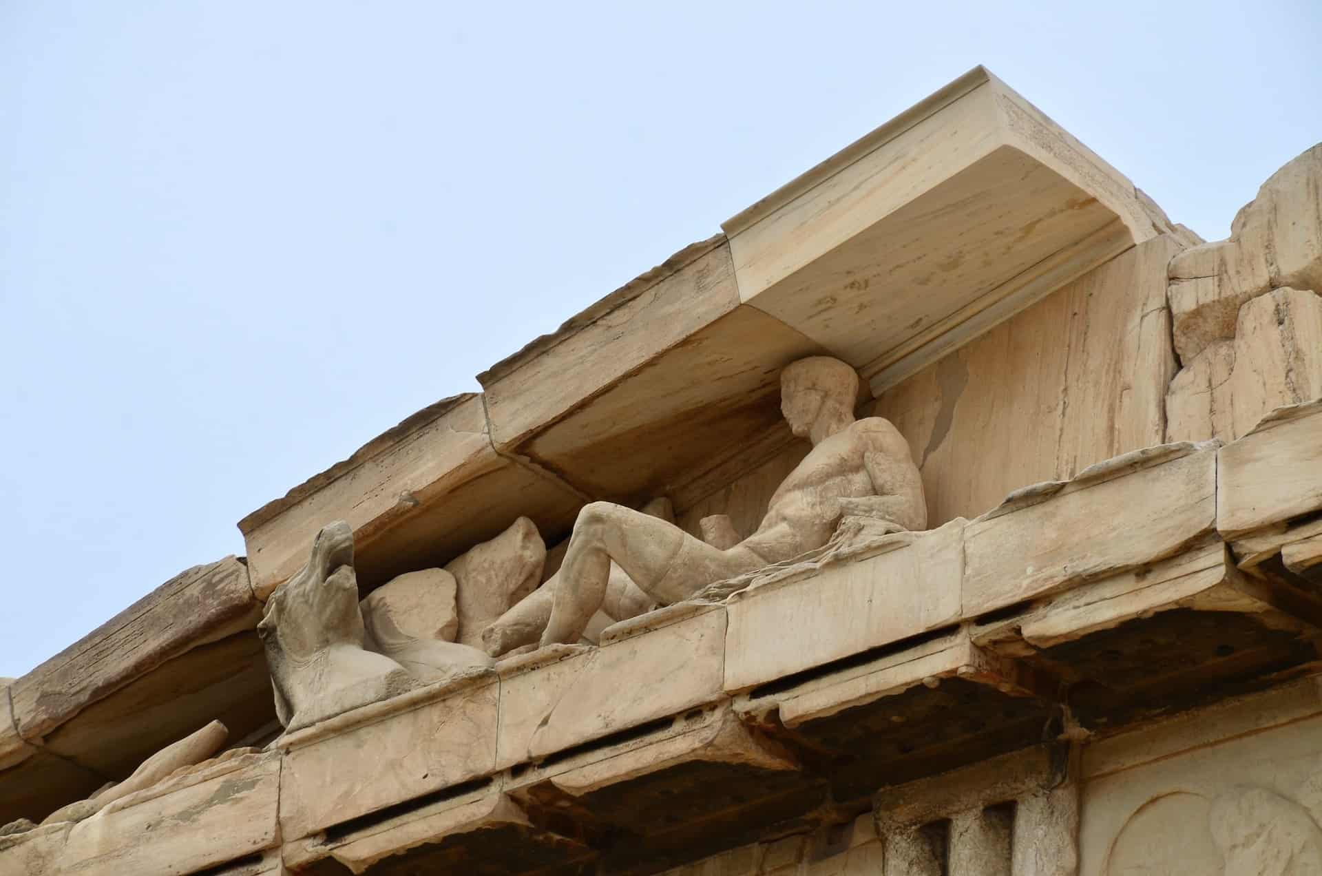 Sculptures on the east pediment of the Parthenon on the Acropolis in Athens, Greece