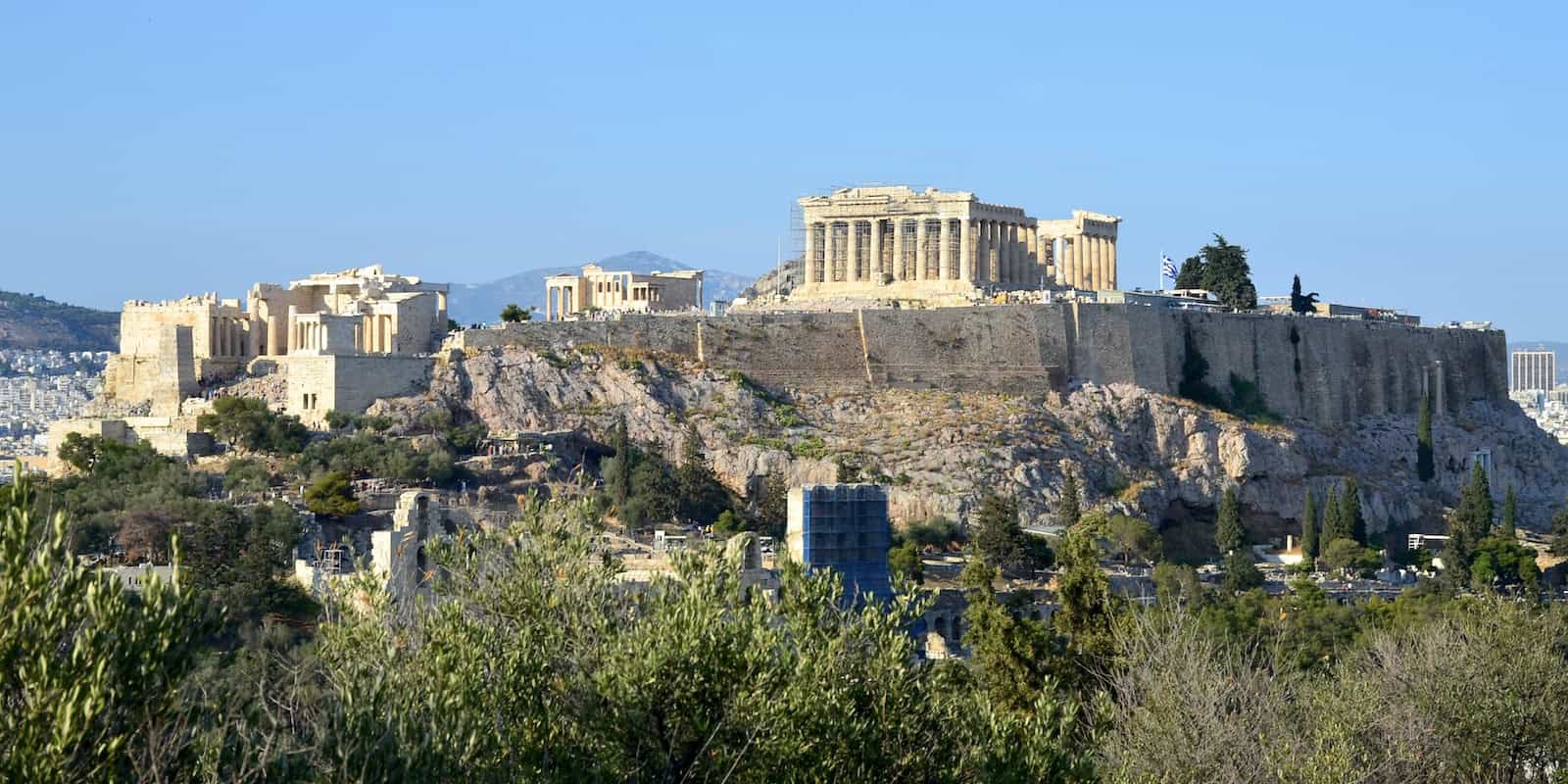 View from the Hill of the Muses (Philopappos Hill) of the Acropolis of Athens, Greece