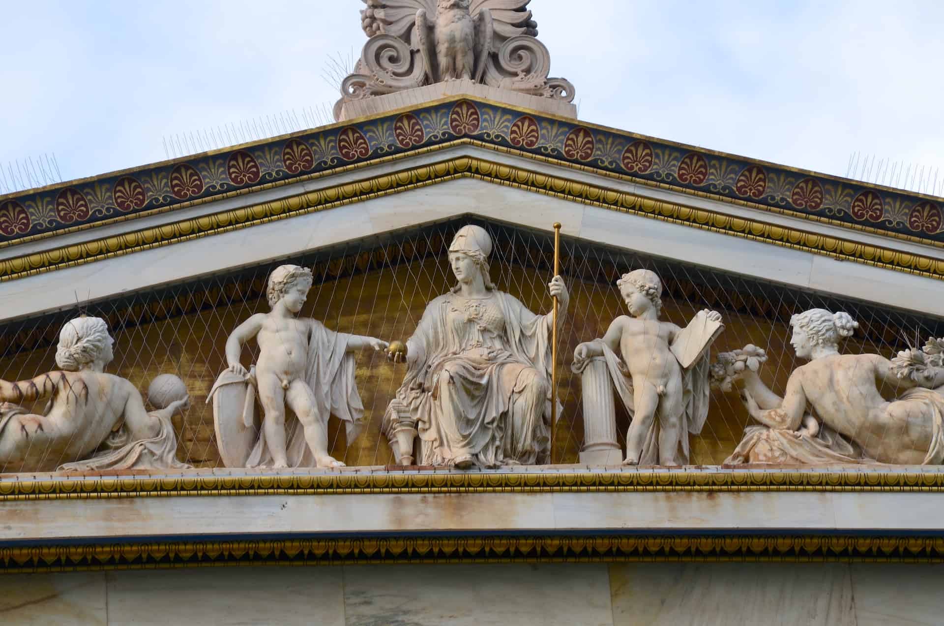 Southeast pediment of the south wing of the Academy of Athens in Akadimia, Athens, Greece