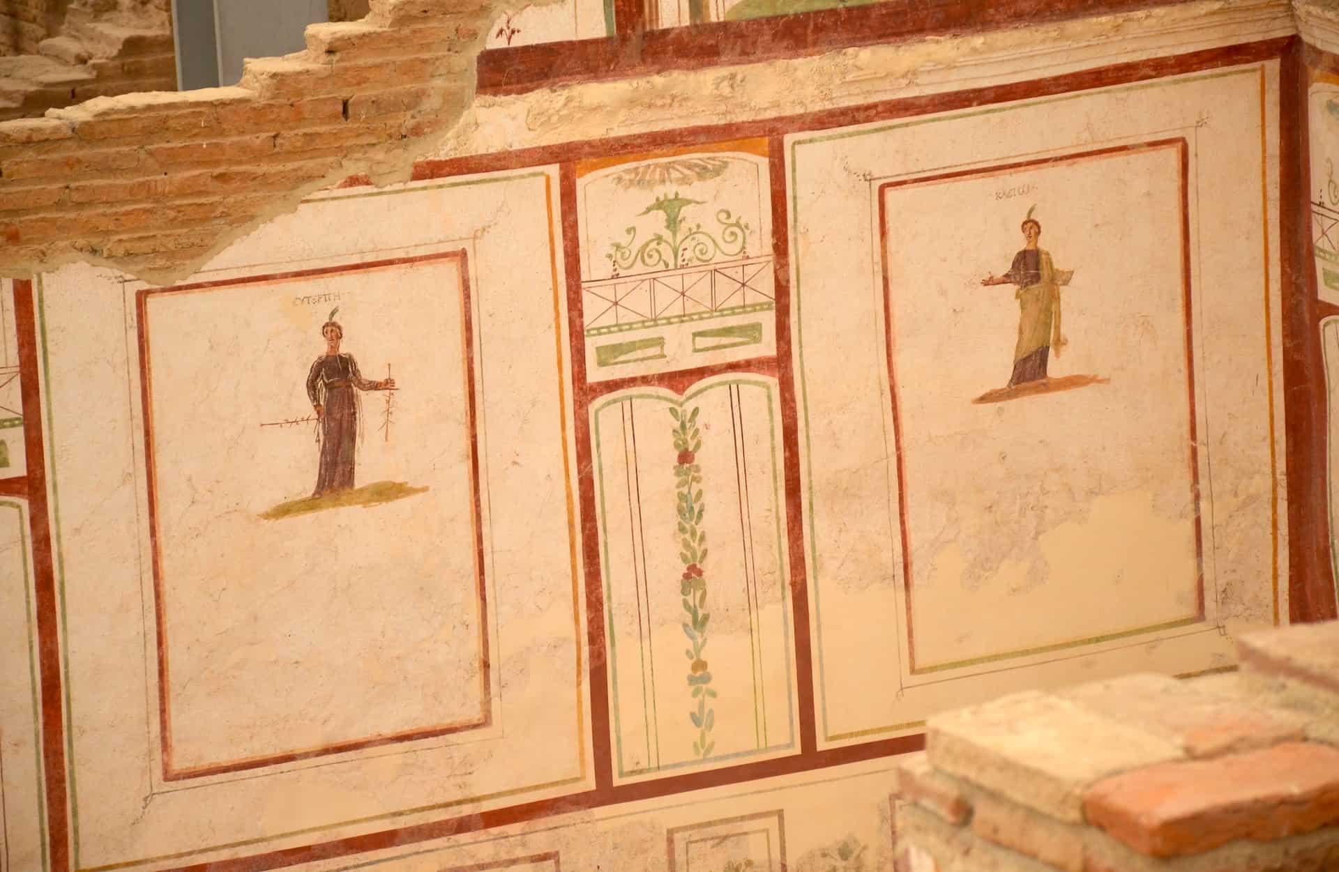 Frescoes of Euterpe (left) and Clio (right) in the Room of the Muses in Dwelling Unit 3 in the Terrace Houses at Ephesus