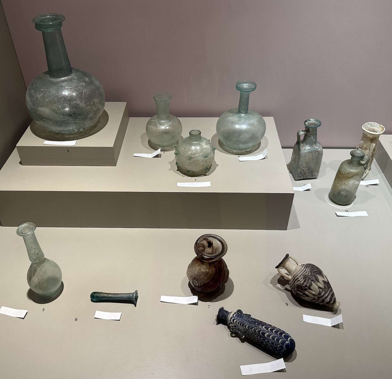 Glass bottles (1st century BC to 4th century AD) in Ephesus Through the Ages at the Ephesus Museum in Selçuk, Turkey