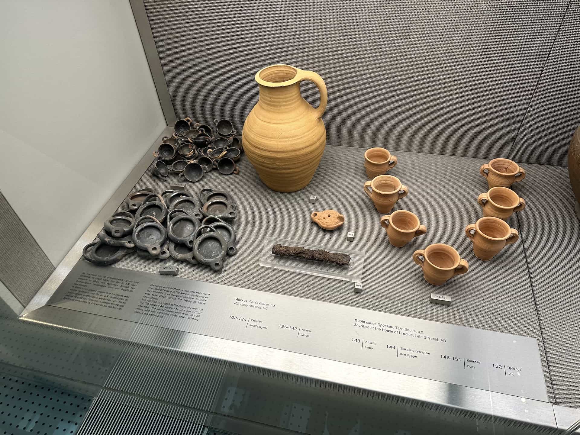 Items from the sacrifice at the House of Proclus; late 5th century at the Acropolis Museum in Athens, Greece