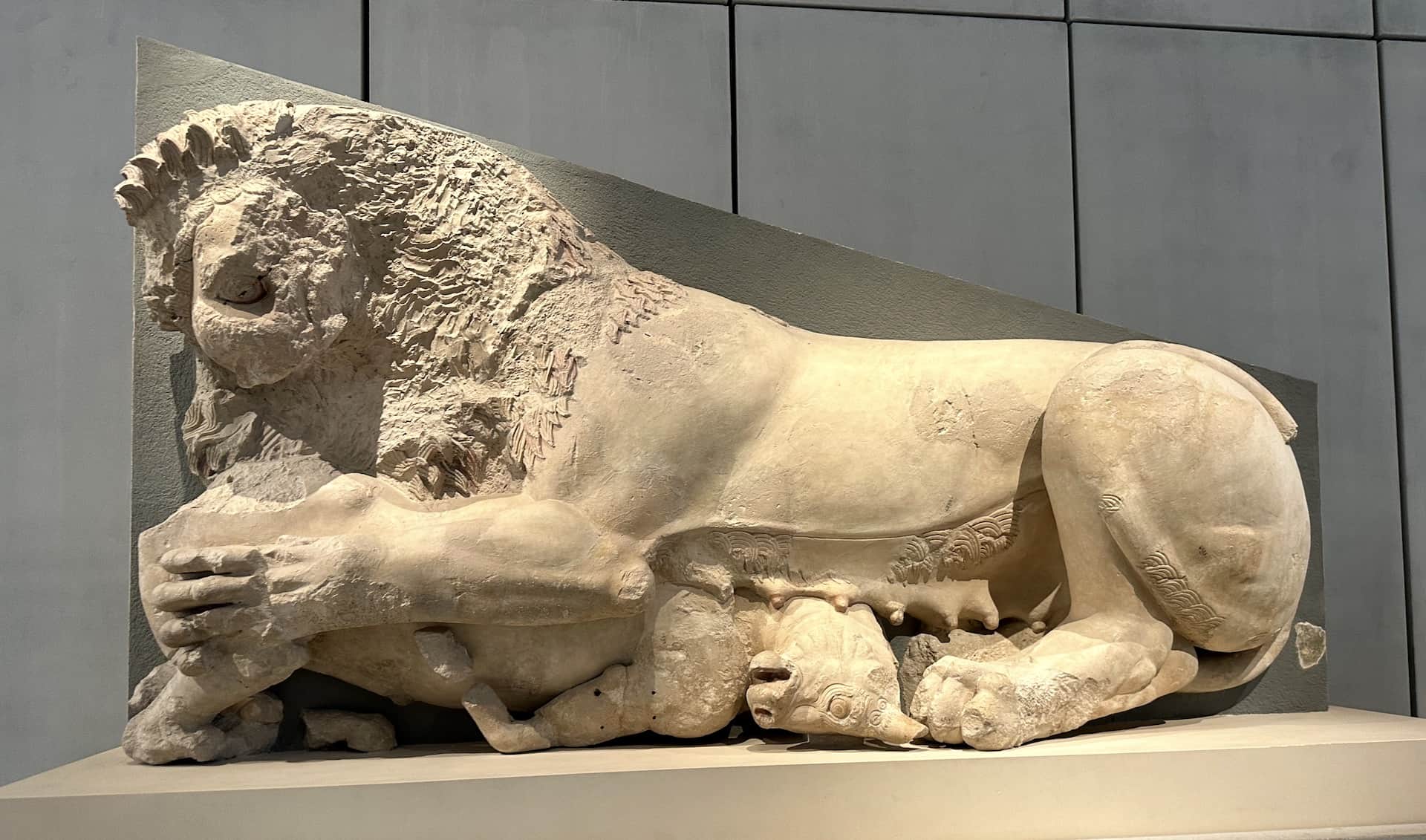 Lioness and calf sculpture; circa 570 BC on the east pediment of the Hekatompedon