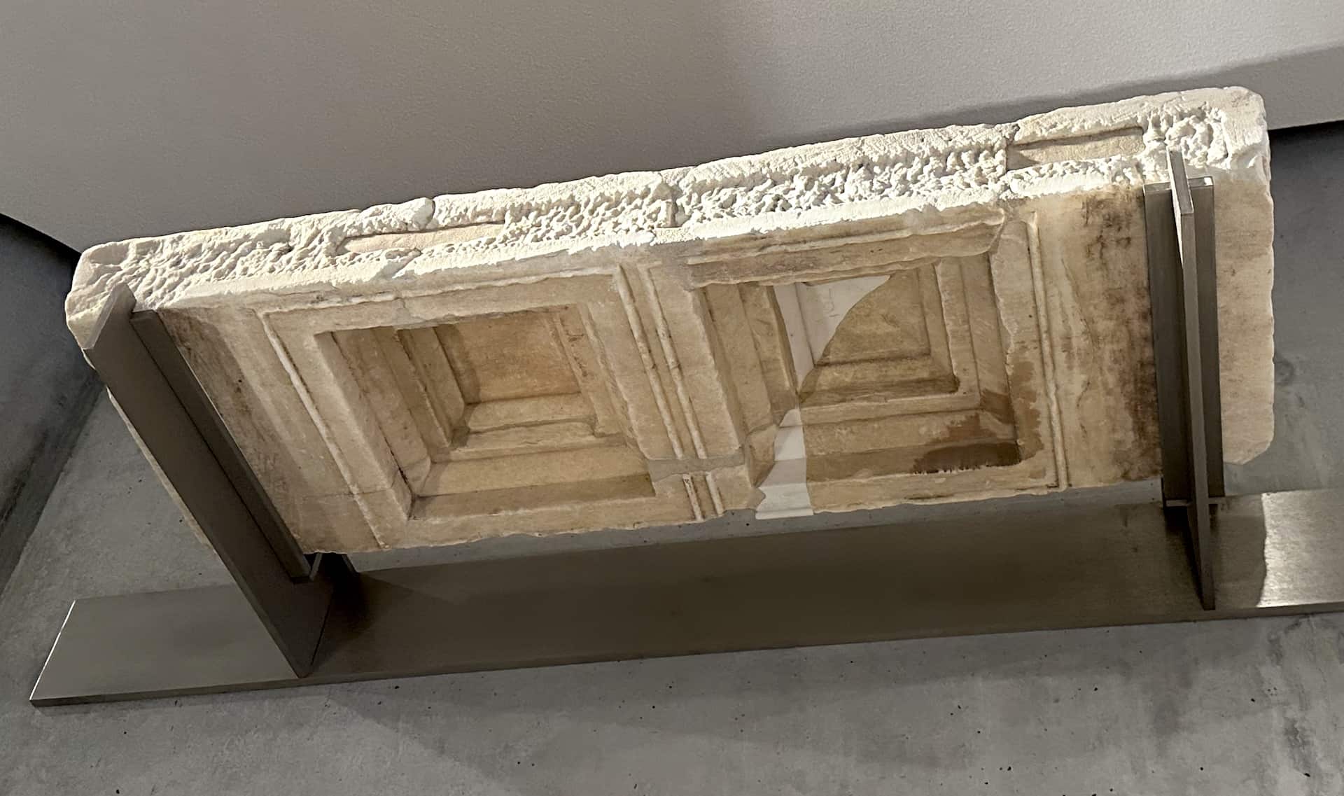 Panel with square coffers from the ceiling of the central entrance of the Propylaia at the Acropolis Museum in Athens, Greece
