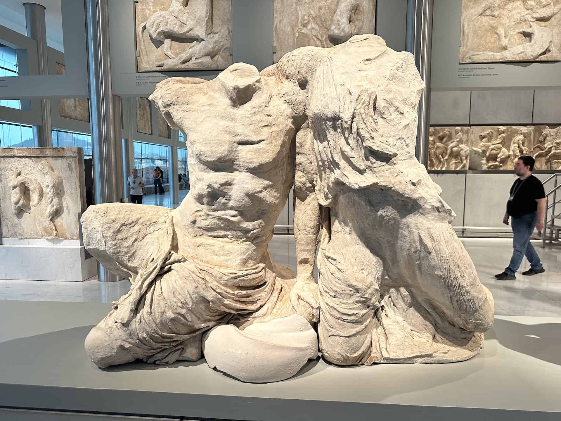 Cecrops and Pandrosos (fragment in the British Museum) on the west pediment of the Parthenon at the Acropolis Museum in Athens, Greece