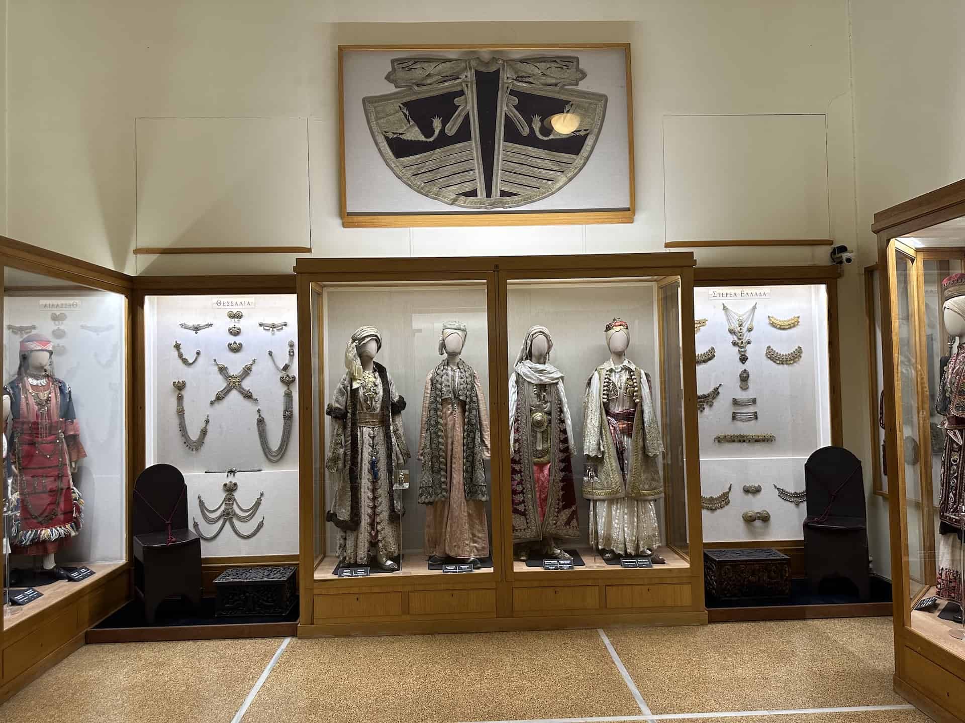 Costumes with Kavadi, Sigouni, Saya and Anteri at the National Historical Museum in Athens, Greece