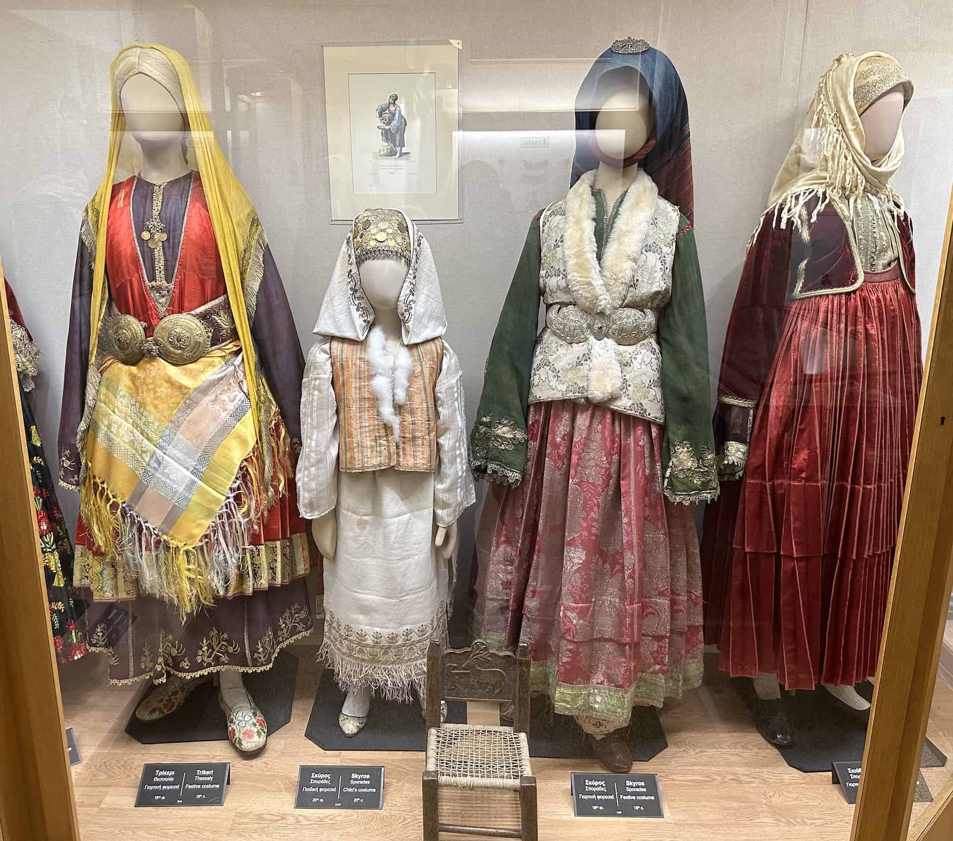 Festive costume from Trikeri, Thessaly, 19th century (left); child's costume from Skyros, Sporades, 20th century (center); festive costume from Skyros, Sporades, 18th century (right)