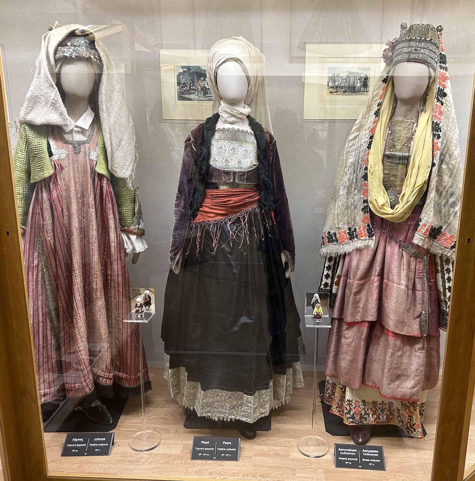 Festive costume from Limnos, 18th century (left); festive costume from Psara, 18th-19th century (center); bridal costume from Astypalaia, Dodecanese, 18th century (right) at the National Historical Museum in Athens, Greece