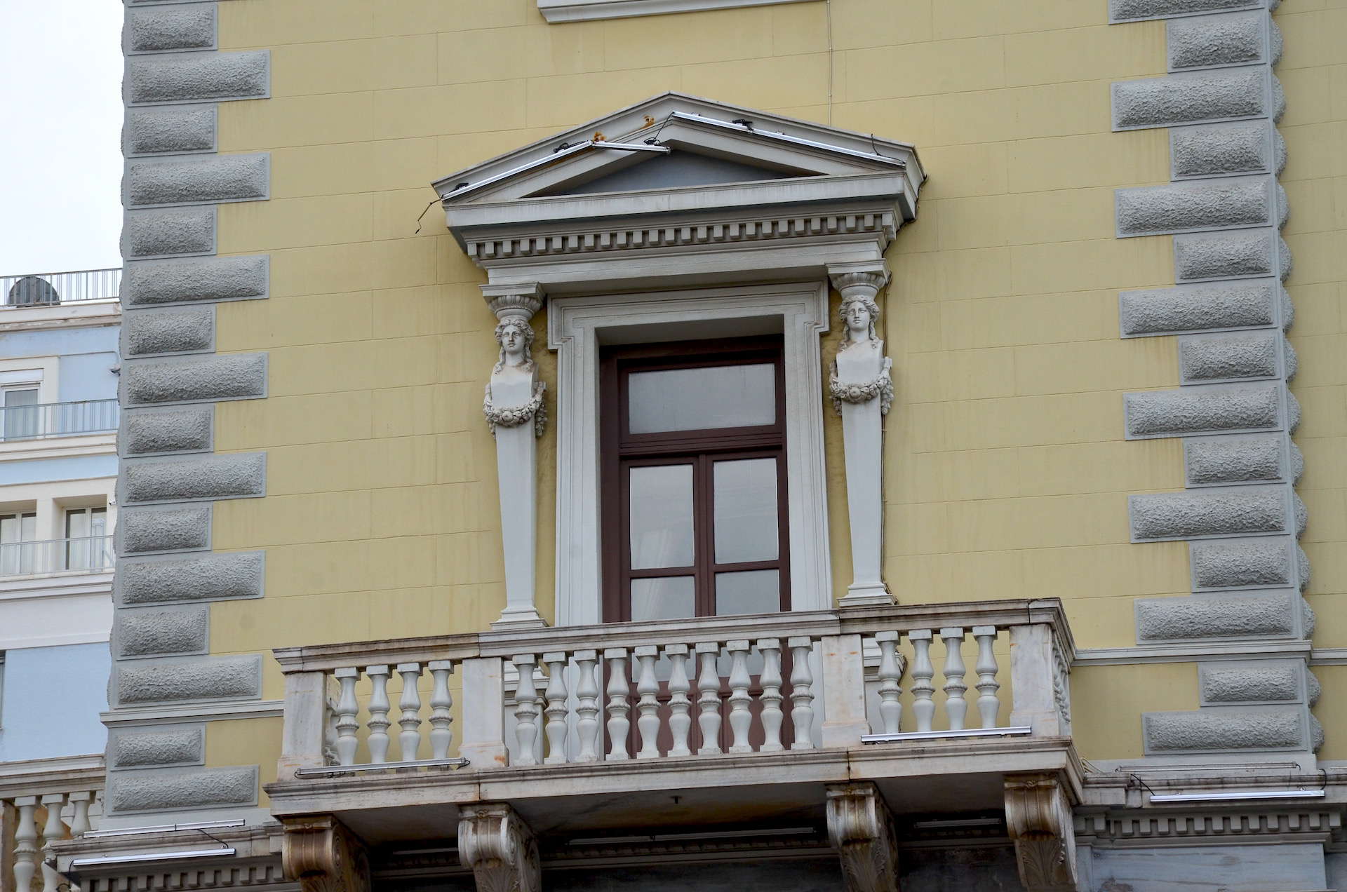 Balcony on the Melas Mansion on Kotzia Square in the Historic Center of Athens, Greece