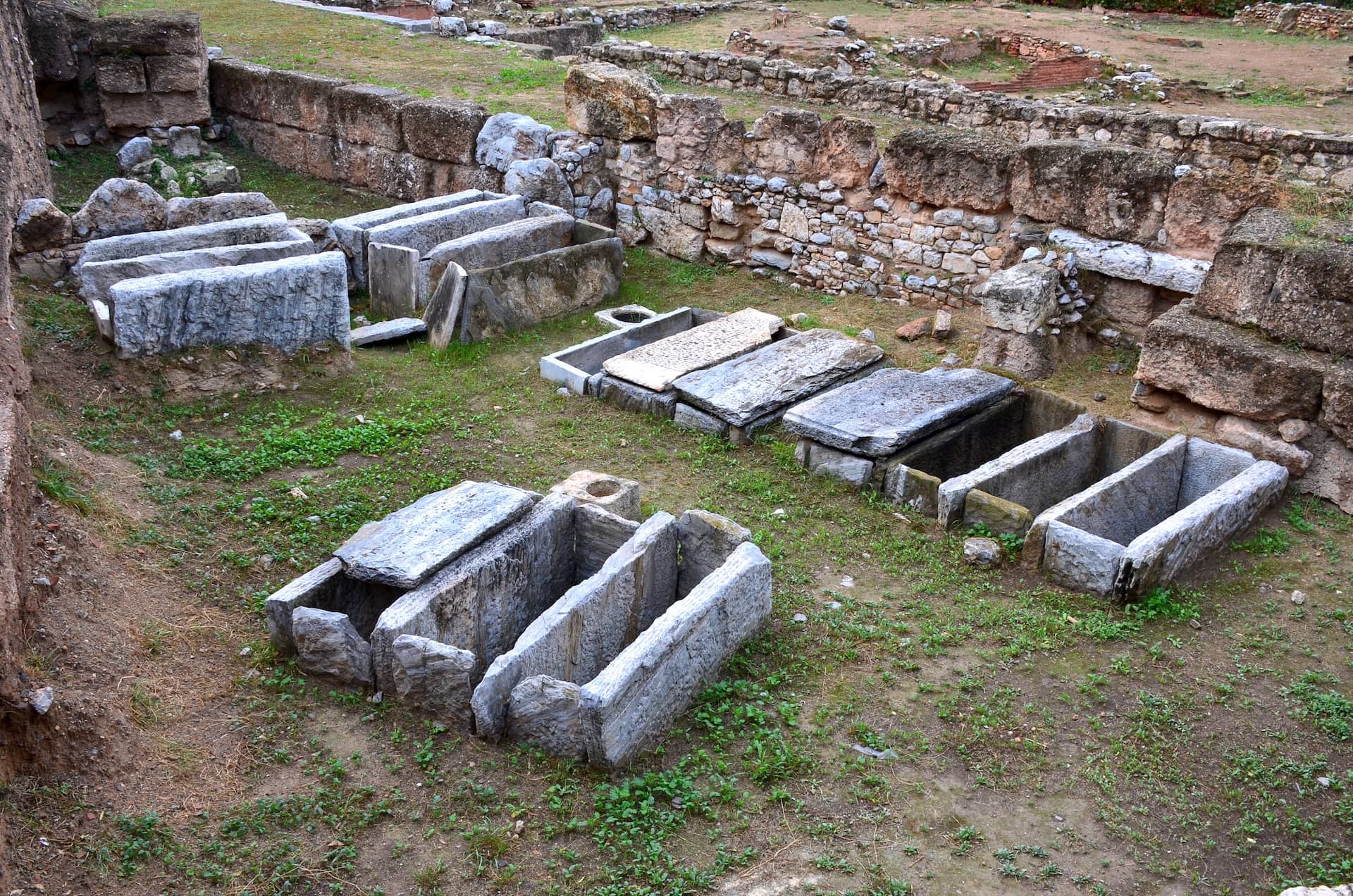 Graves at the archaeological site on Kotzia Square in the Historic Center of Athens, Greece