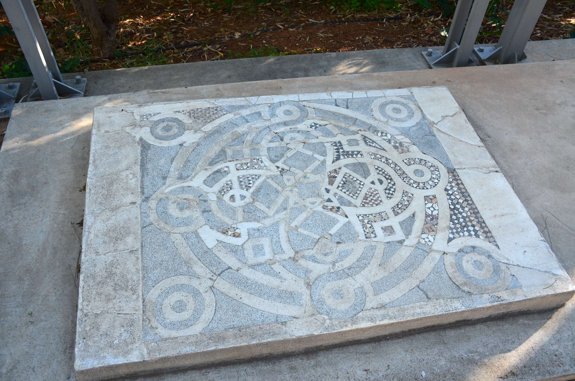 Marble inlay (opus sectile), 12th century in the Byzantine Church in the Paradise exhibit in the gardens at Villa Ilissia 