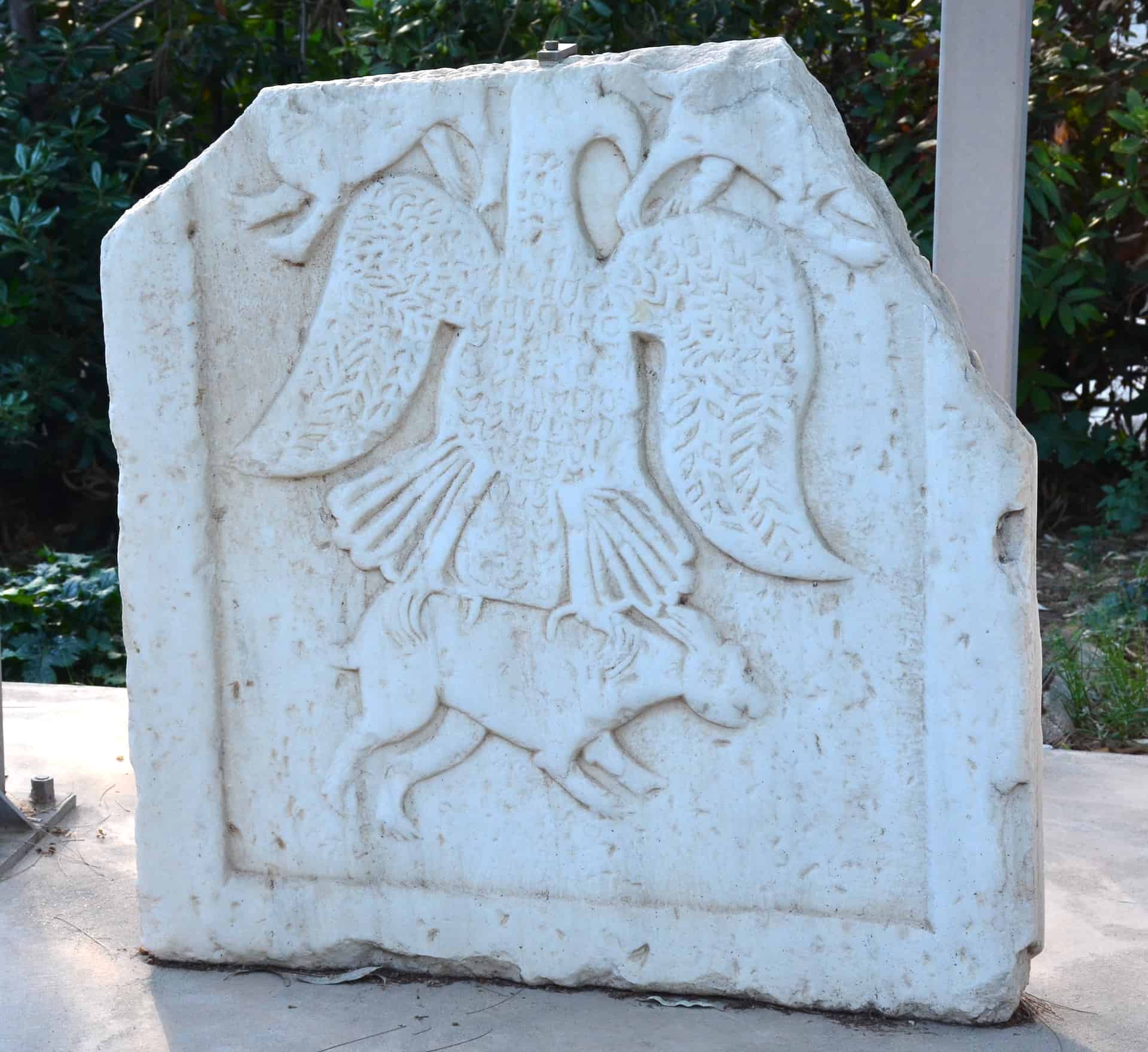 Closure slab depicting a predator and its prey, 11th century in the Byzantine Church in the Paradise exhibit in the gardens at Villa Ilissia (Byzantine Museum) in Athens, Greece