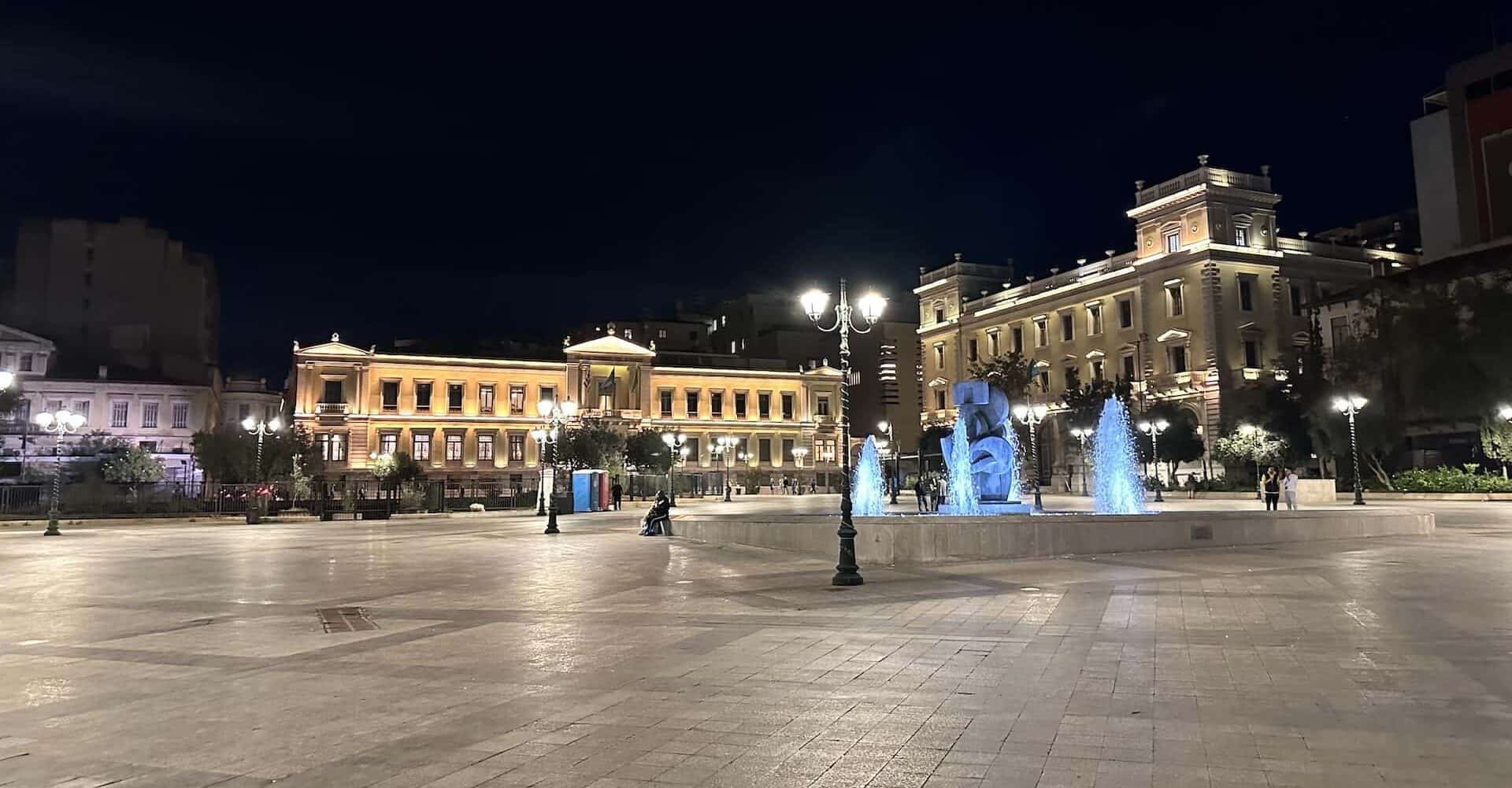 Kotzia Square at night in the Historic Center of Athens, Greece