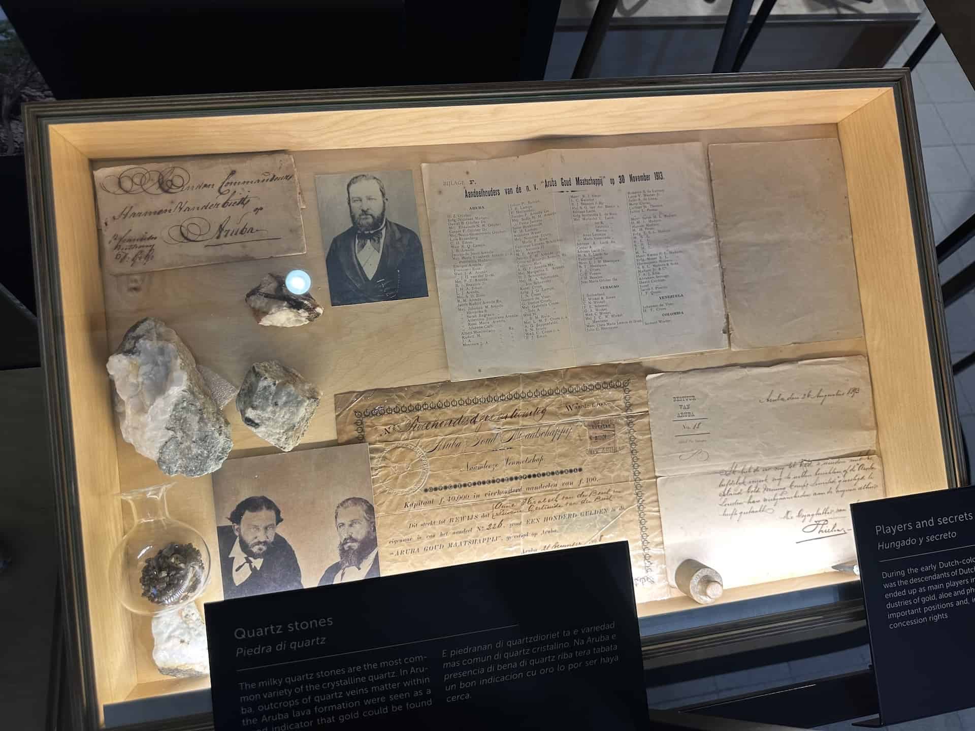 Quartz samples and shares of gold mining companies at the Museum of Industry