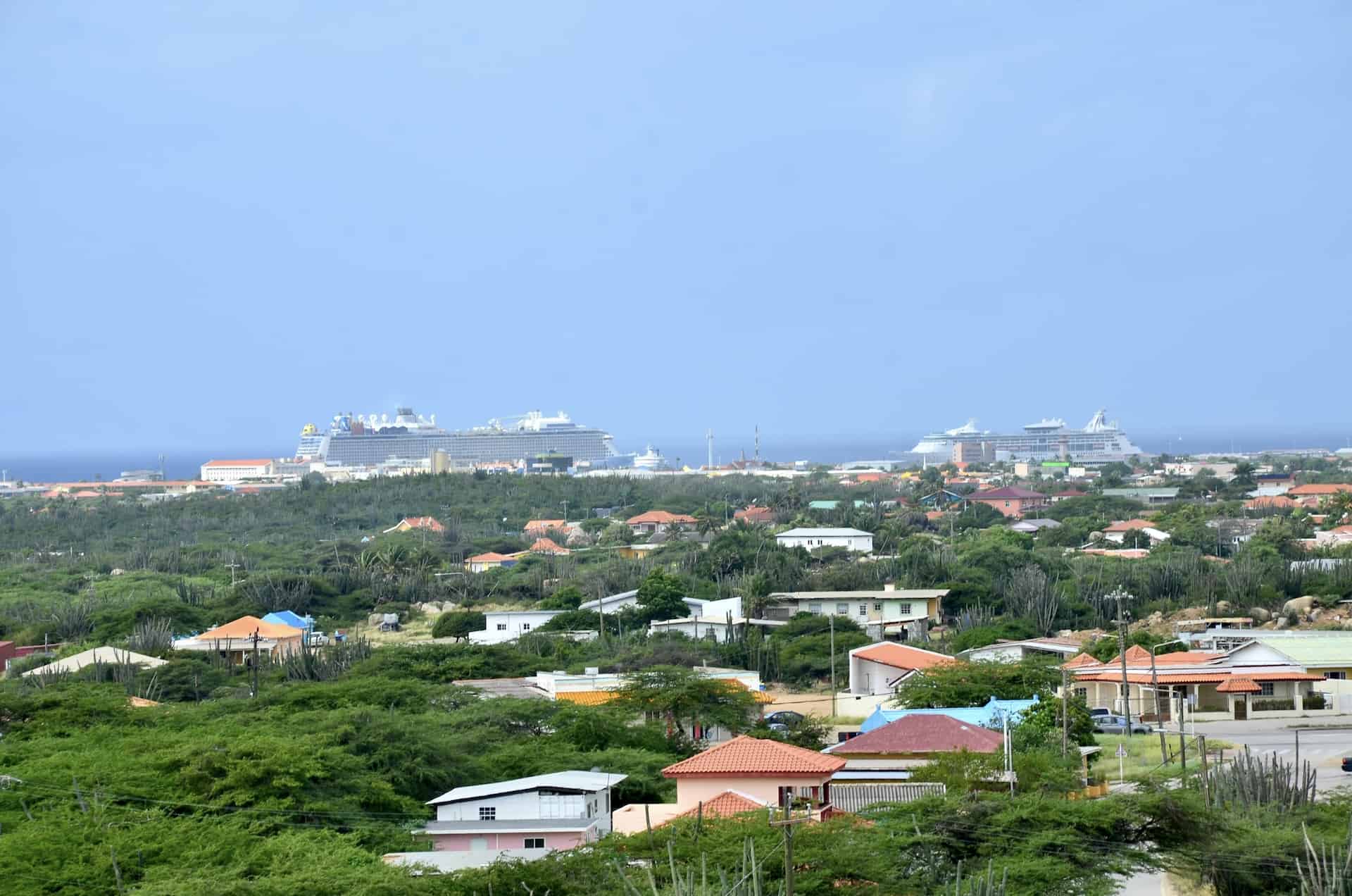 Cruise ships in Oranjestad from the top of the largest rock at the Casibari Rock Formations