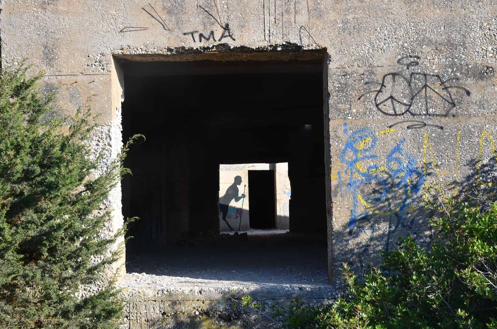Looking through one of the doors of the unfinished hotel