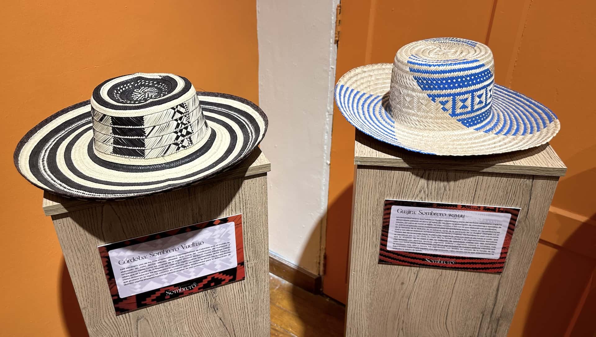 Sombrero vueltiao (left) and sombrero wayuu (right) at the National Museum of Hats at the Francisco Giraldo Cultural Center in Aguadas, Caldas, Colombia