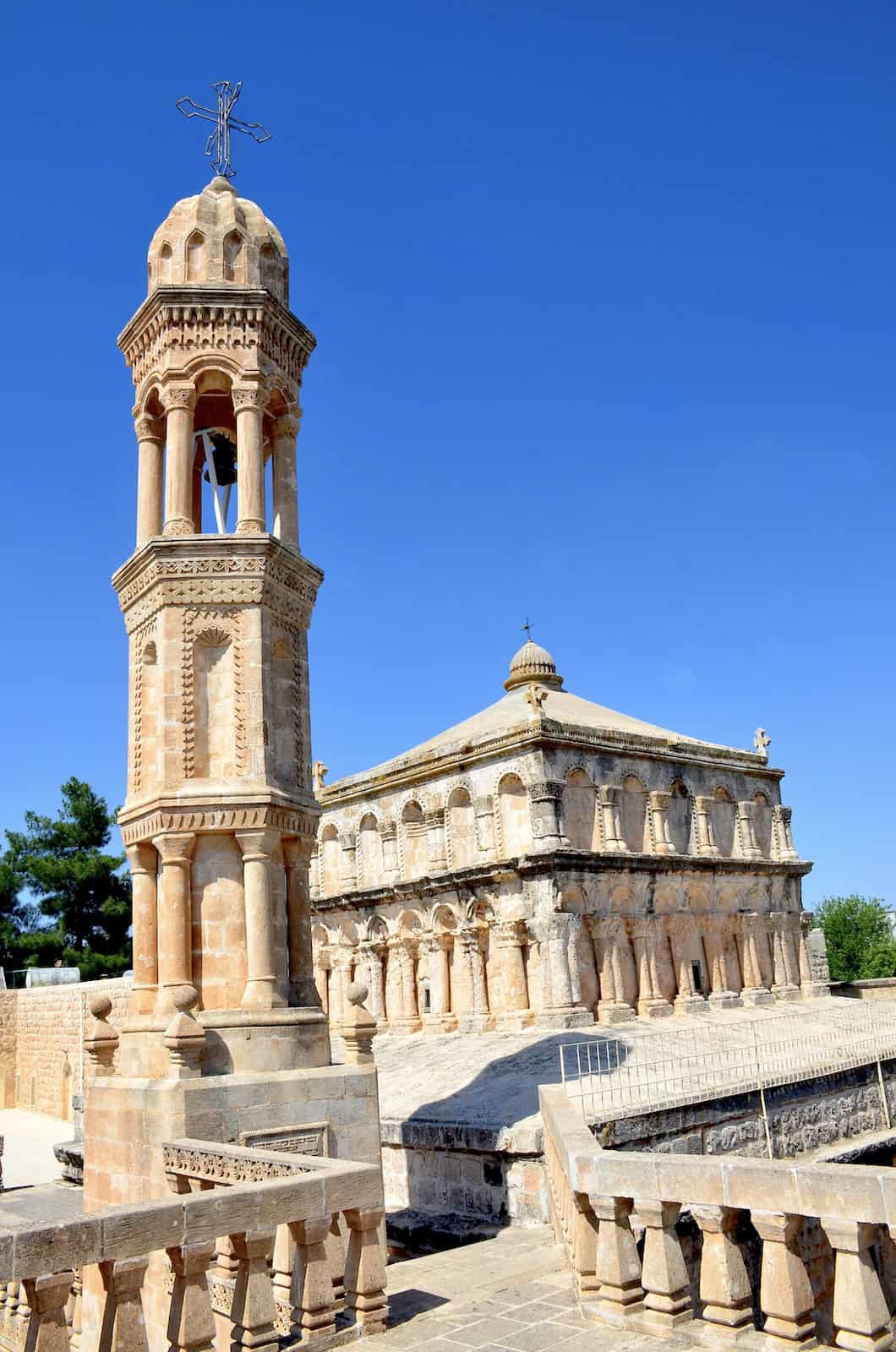 Bell tower and dome of the Monastery of the Virgin Mary in Anıtlı (Hah) in the Tur Abdin, Turkey