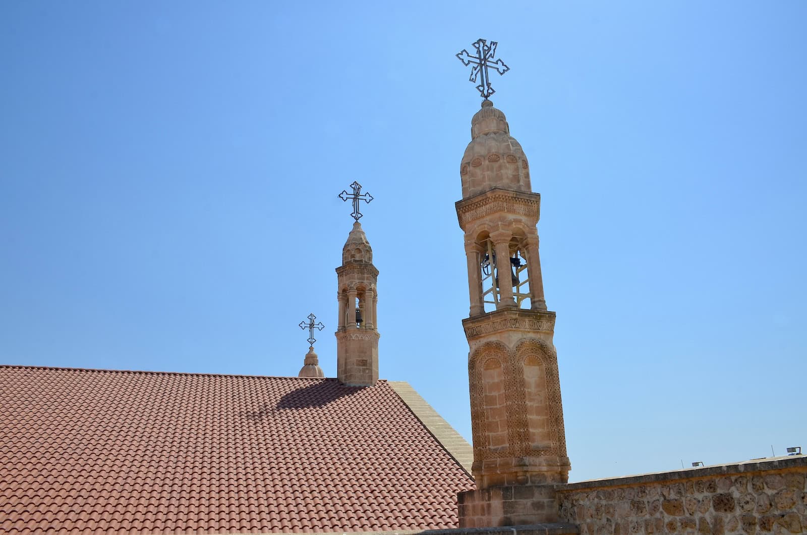 Bell towers of the Great Church at the Mor Gabriel Monastery in the Tur Abdin, Turkey