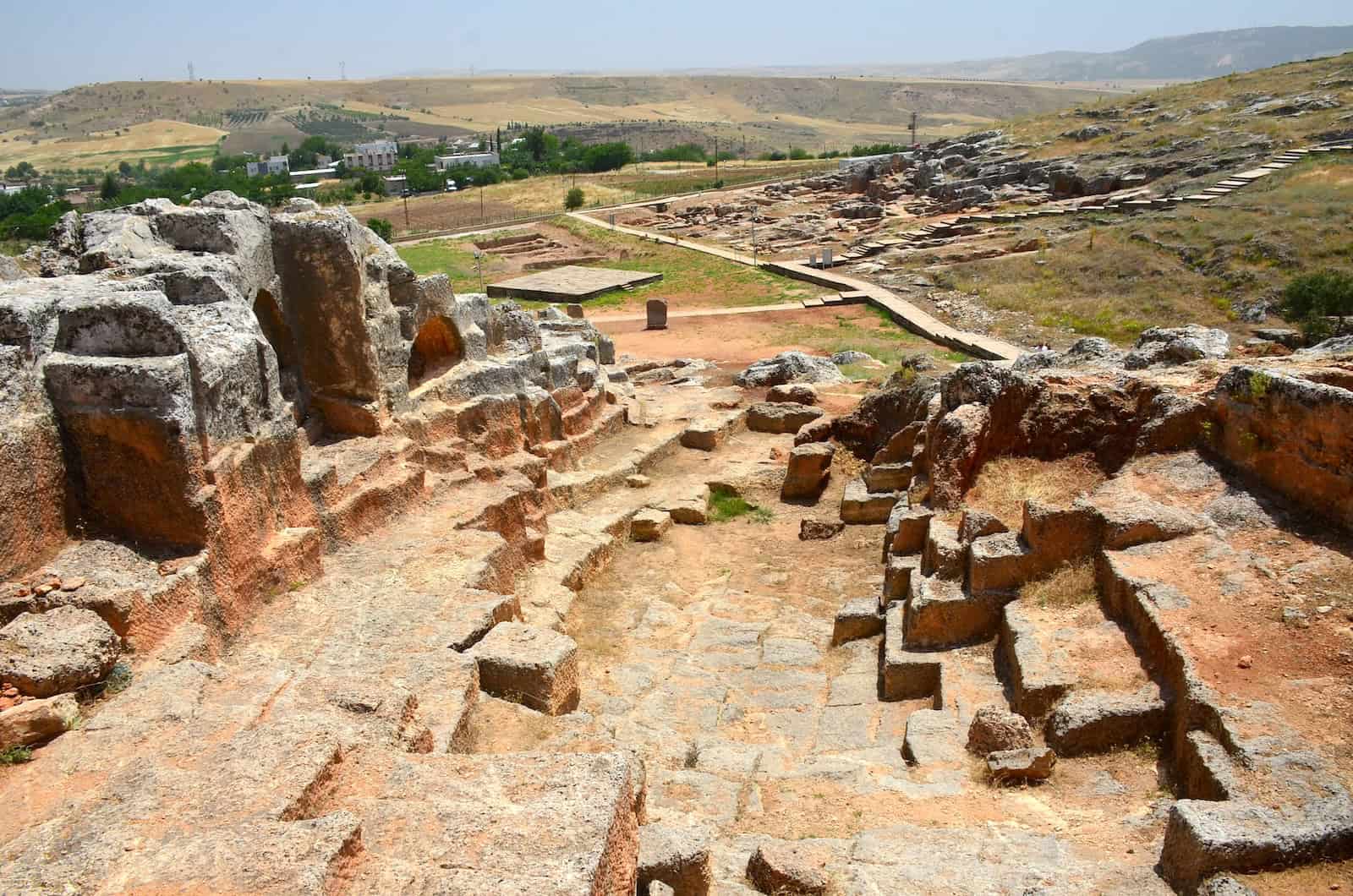 View from the top of the stone quarry at Perrhe Archaeological Site in Turkey