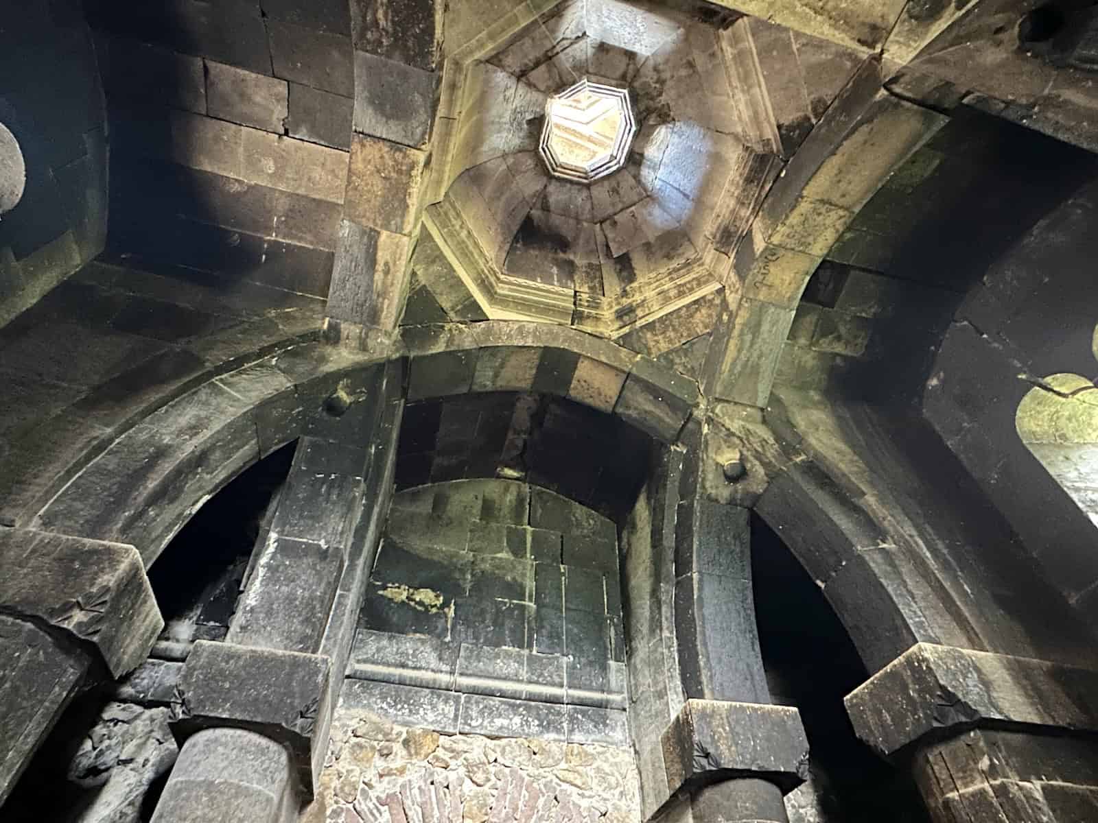 Looking up to the belfry at Goshavank