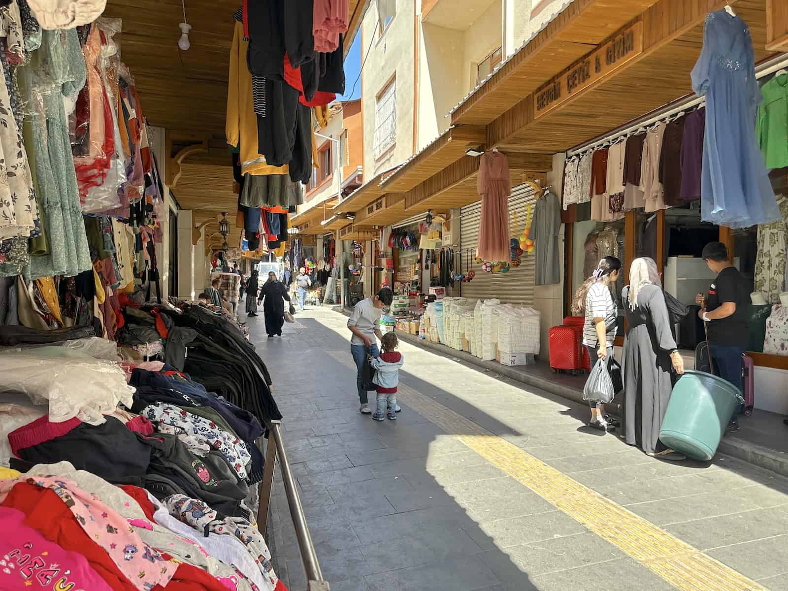 Clothing shops in the bazaar in Siirt, Turkey