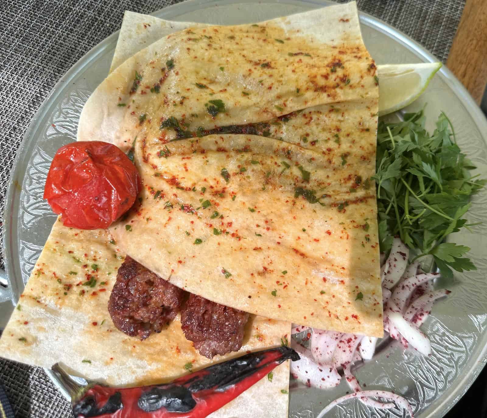 Adana kebab at Harran Gastronomi Merkezi in Harran, Turkey