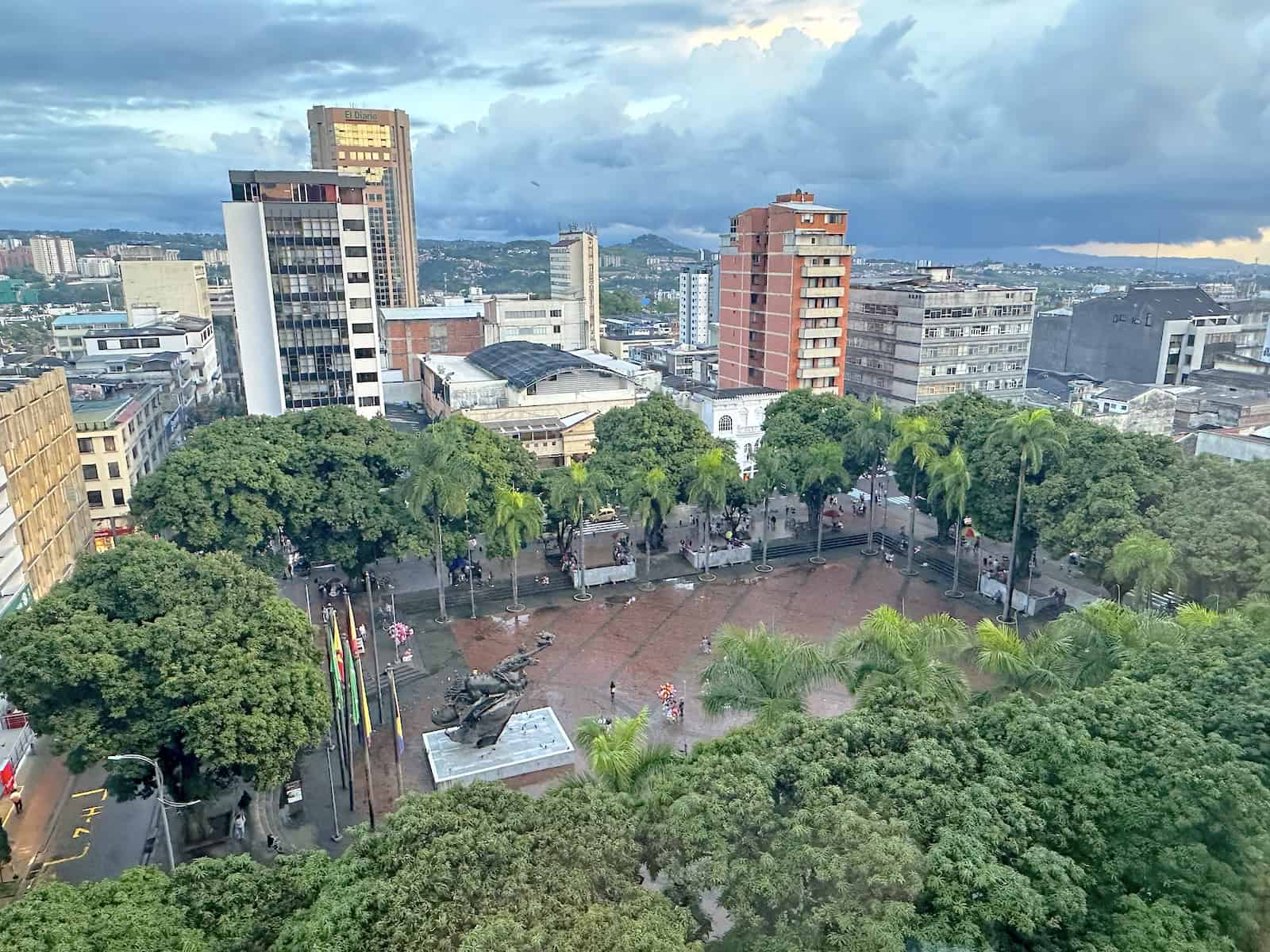 Looking down on Plaza de Bolívar from Hotel Soratama in Pereira, Risaralda, Colombia